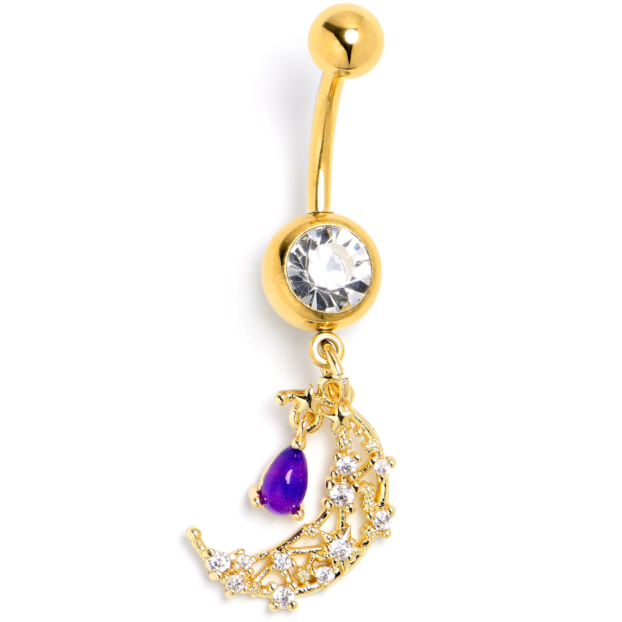 Purple Gem Gold Tone Constellation Moon Dangle Belly Ring - Image 3