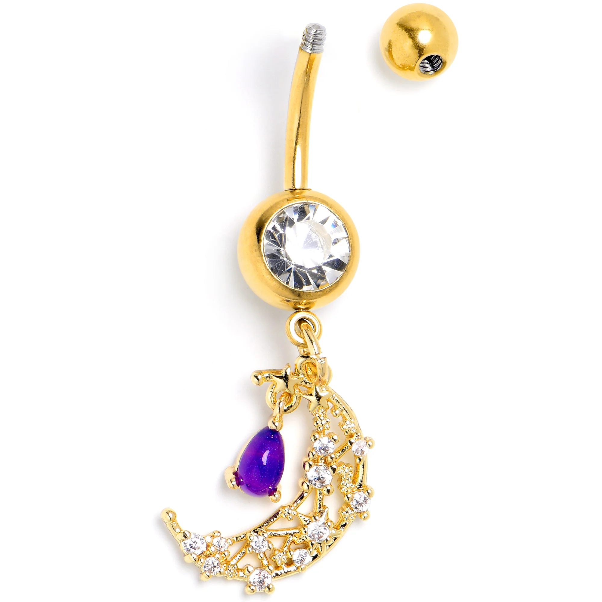 Purple Gem Gold Tone Constellation Moon Dangle Belly Ring - Image 4
