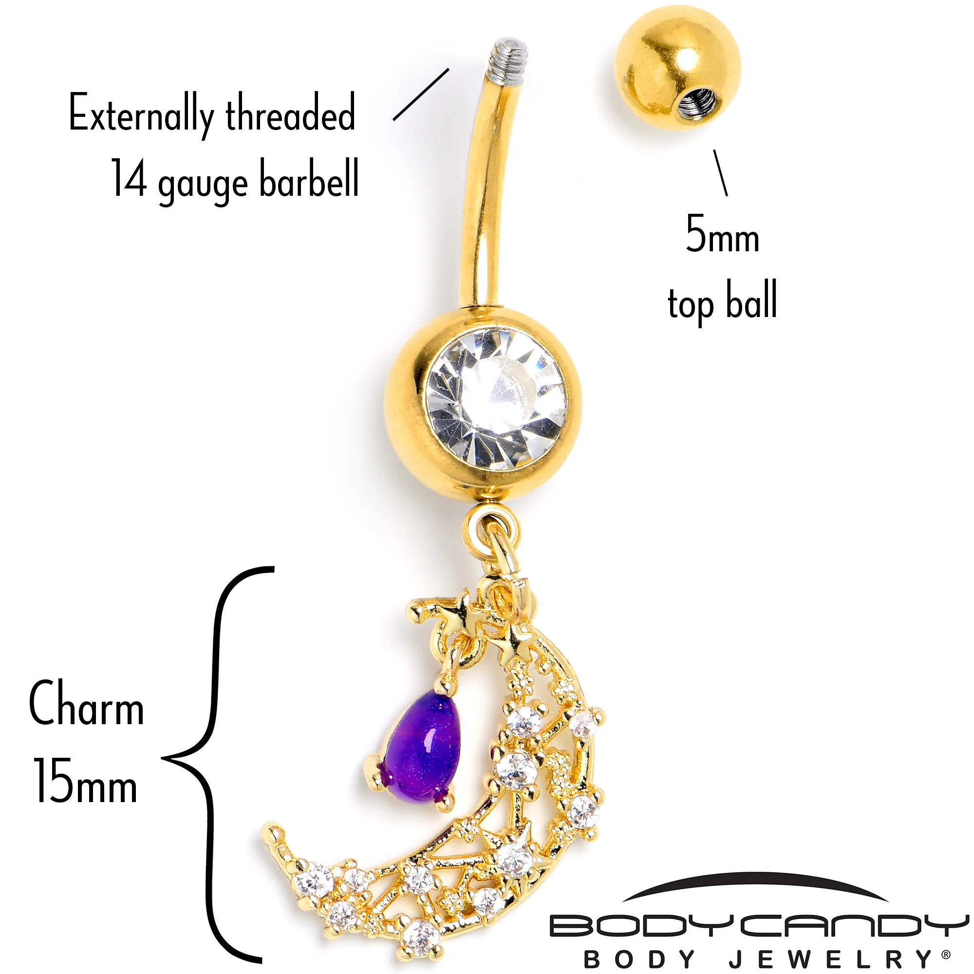 Purple Gem Gold Tone Constellation Moon Dangle Belly Ring - Image 5