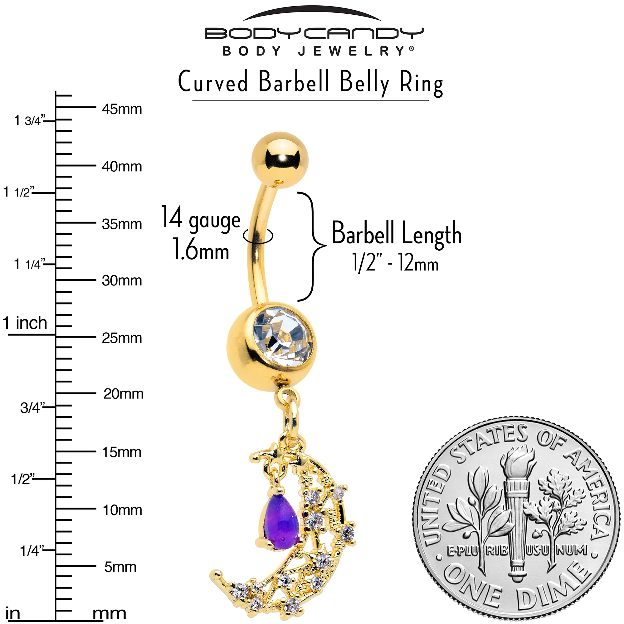 Purple Gem Gold Tone Constellation Moon Dangle Belly Ring - Image 6