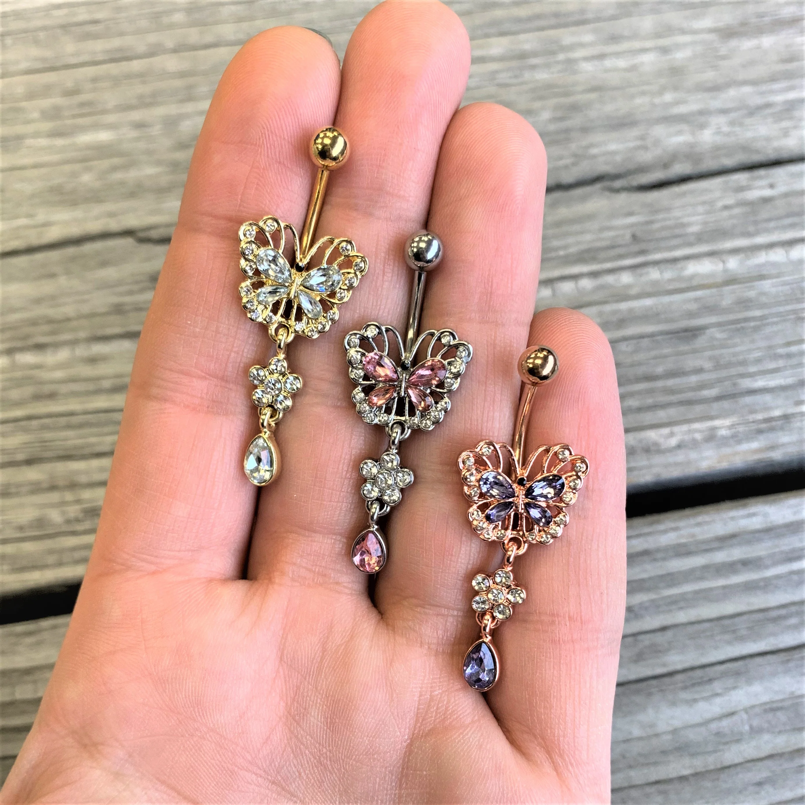 Purple Gem Rose Gold Tone Lacy Butterfly Flower Drop Dangle Belly Ring - Image 2