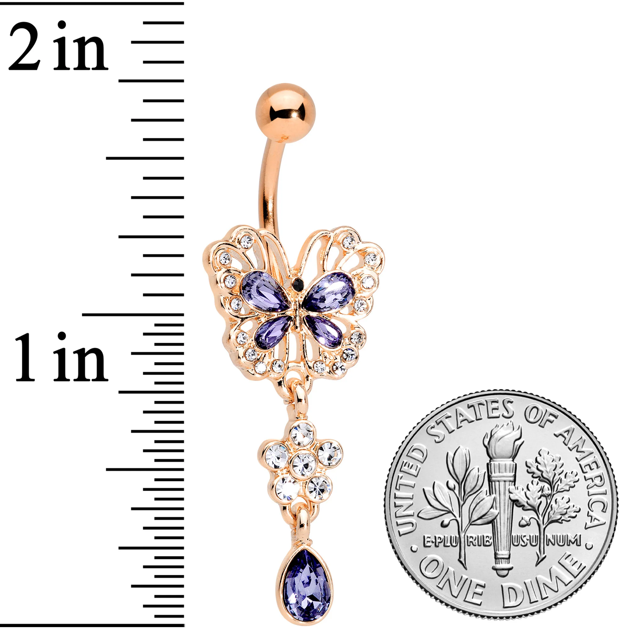 Purple Gem Rose Gold Tone Lacy Butterfly Flower Drop Dangle Belly Ring - Image 3