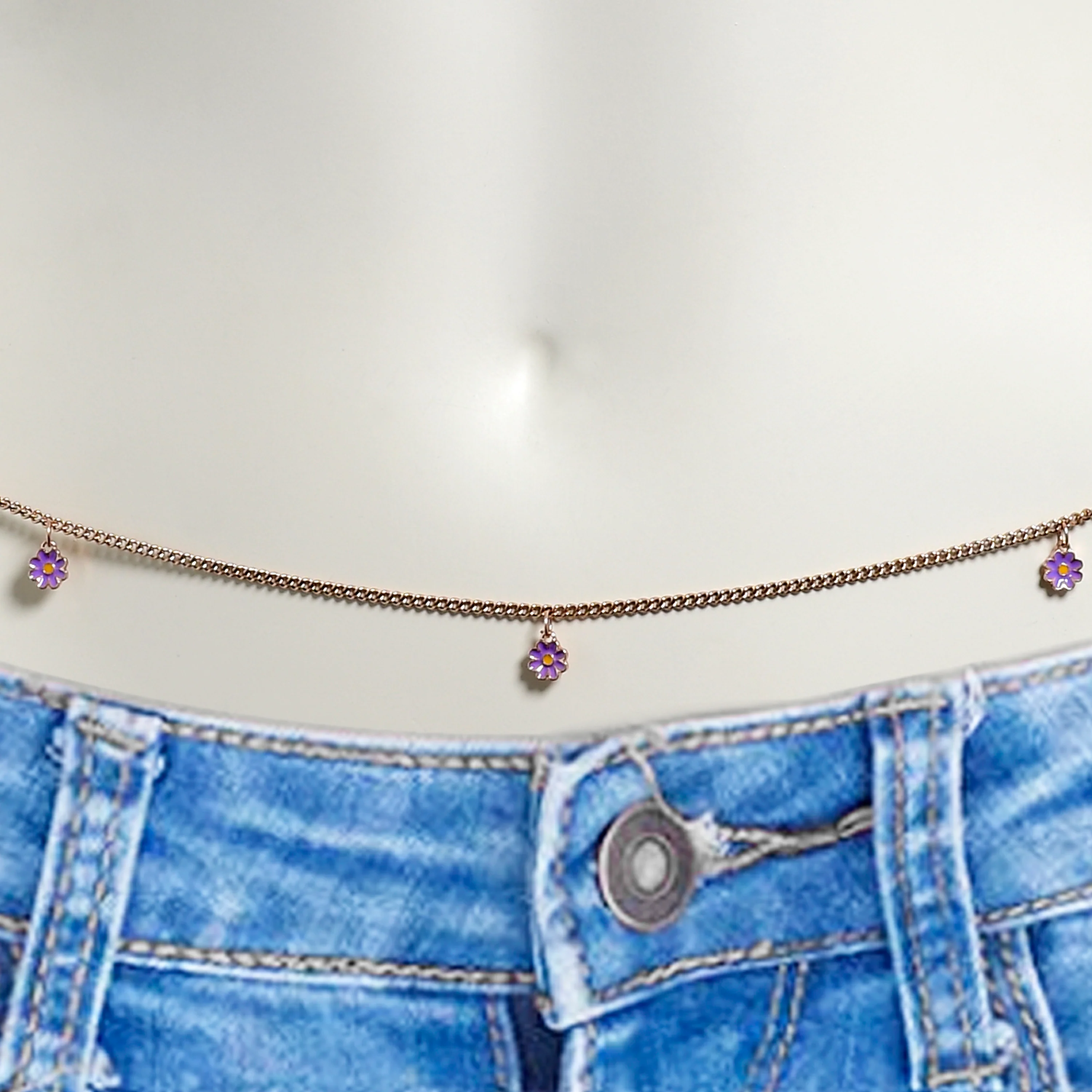 Purple Gem Rose Gold Tone Rounded Dangles Belly Chain - Image 2
