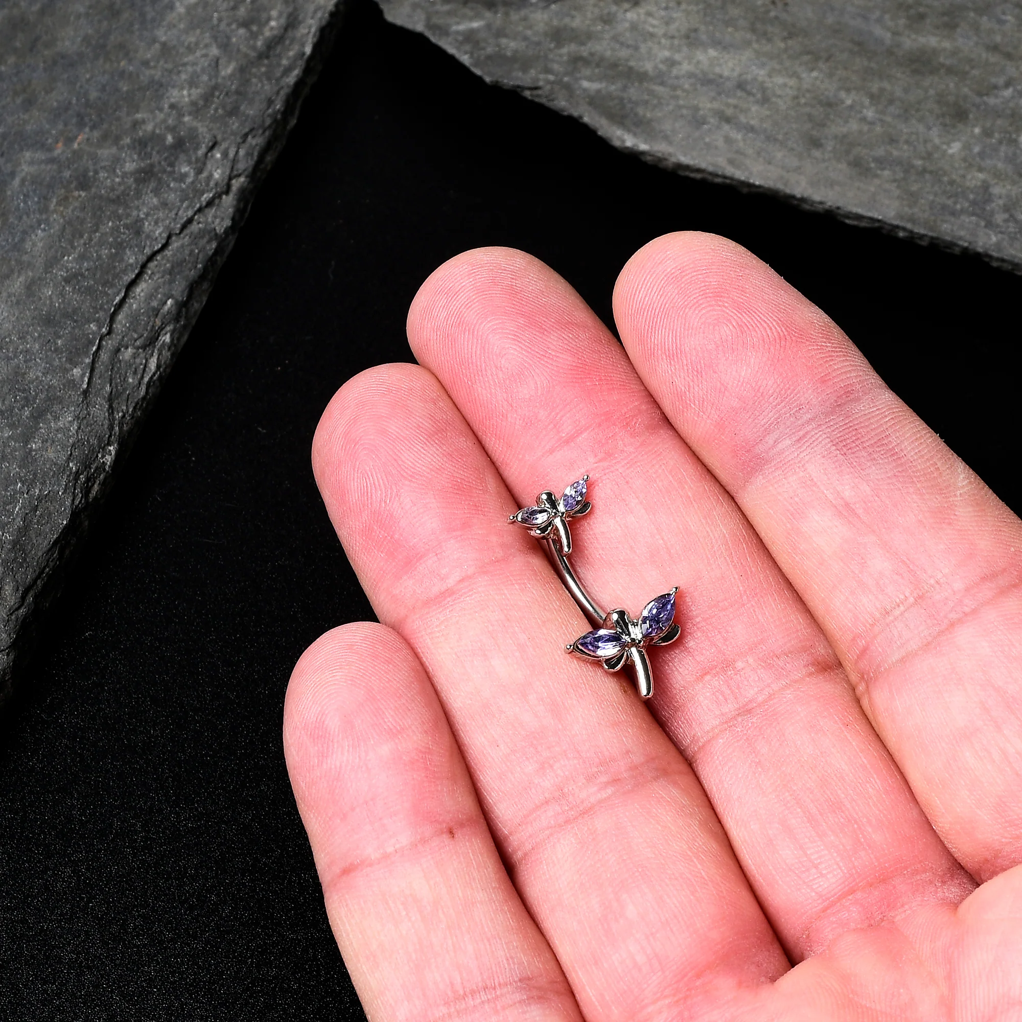 Purple Gem Simple Stylized Dragonfly Double Mount Belly Ring - Image 6