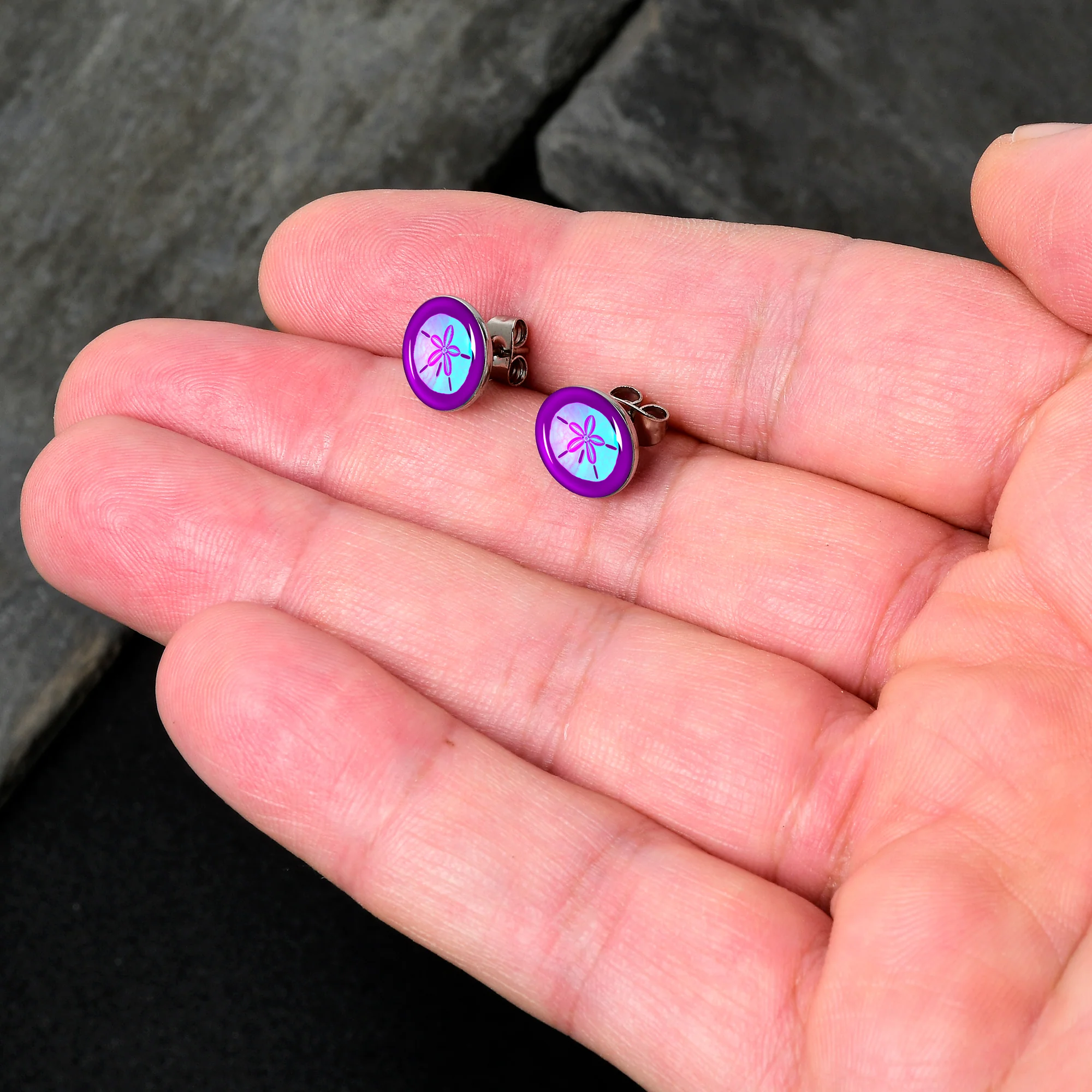 Purple Nautical Sand Dollar Stud Earrings by Onyx O - Image 2