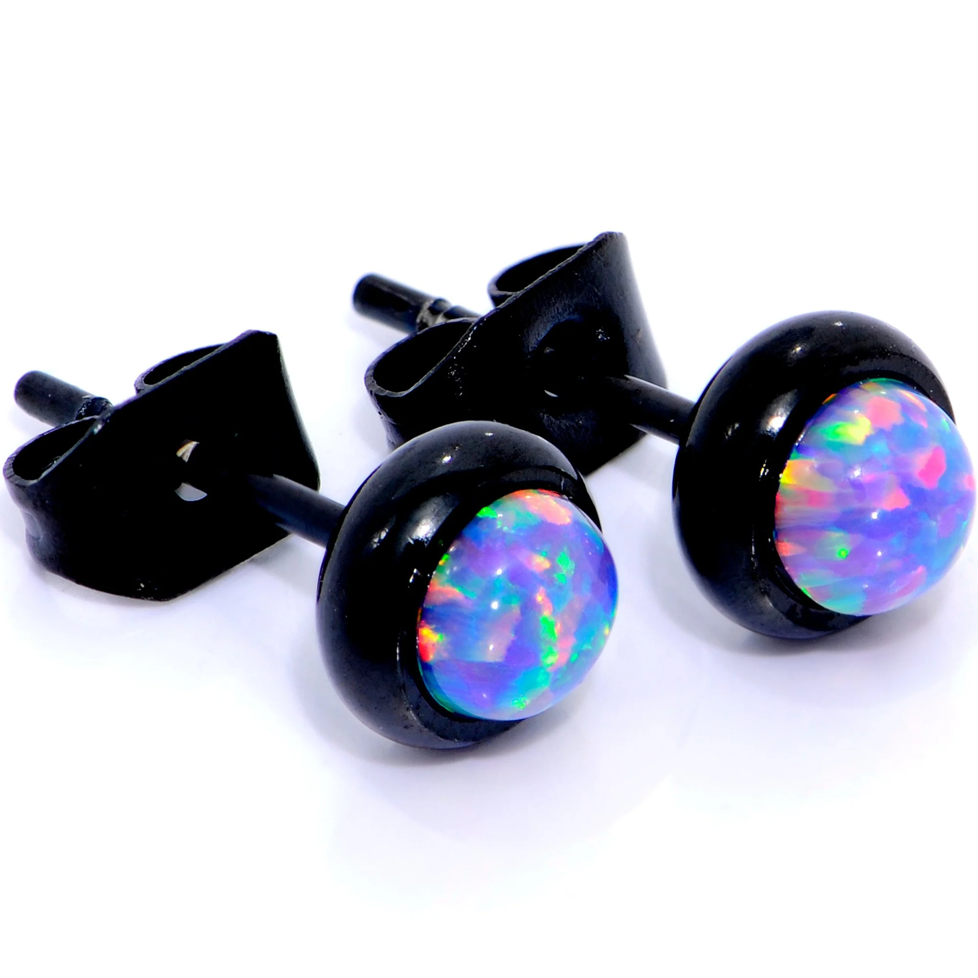 Purple Synthetic Opal Black IP 316L Surgical Steel Stud Earrings - Image 2