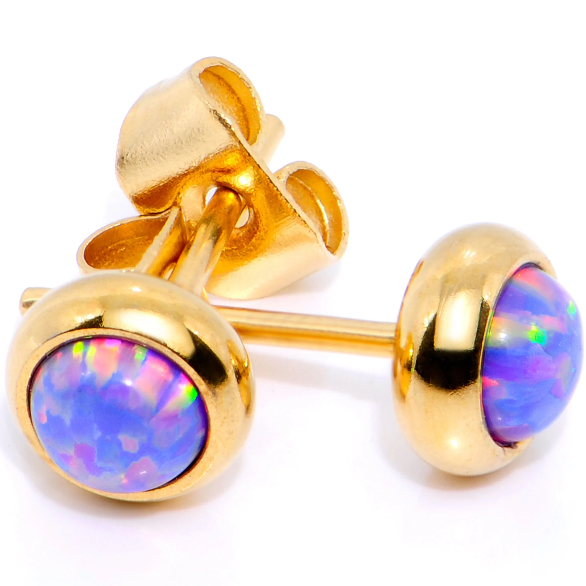 Purple Synthetic Opal Gold IP 316L Surgical Steel Stud Earrings - Image 2