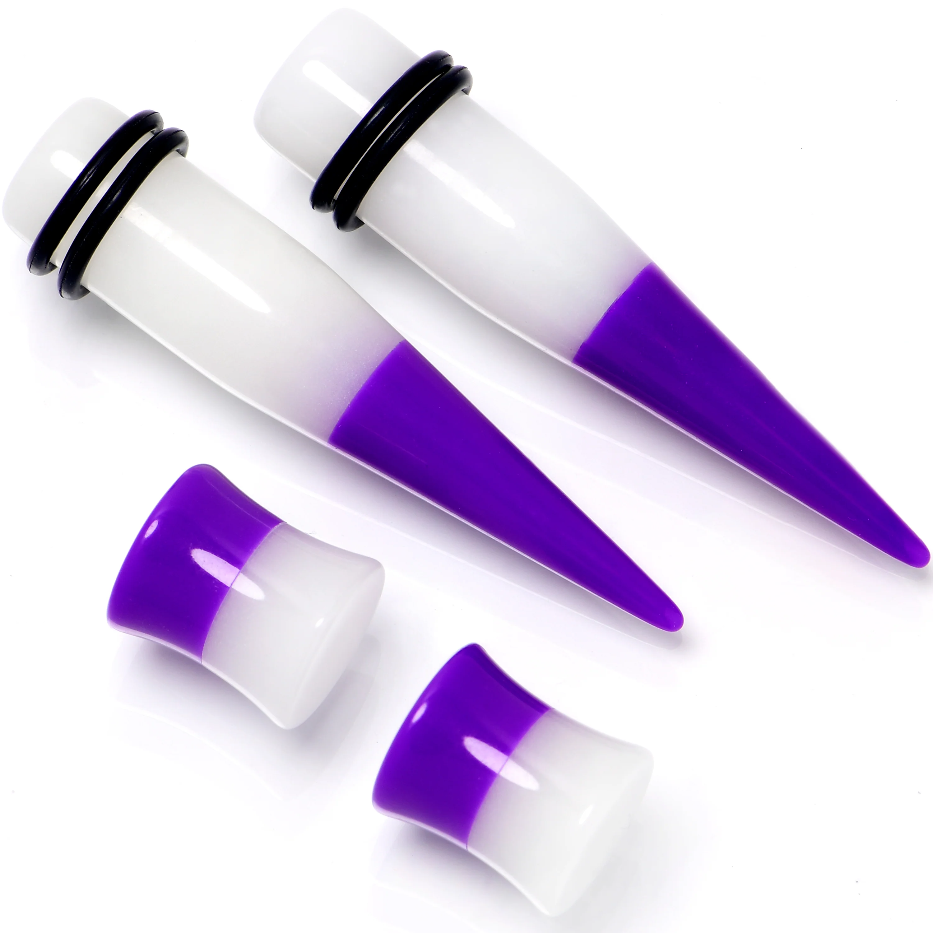 Purple White Acrylic Glow in the Dark Taper Saddle Plug Set 8mm to 16mm Sizes - Image 4