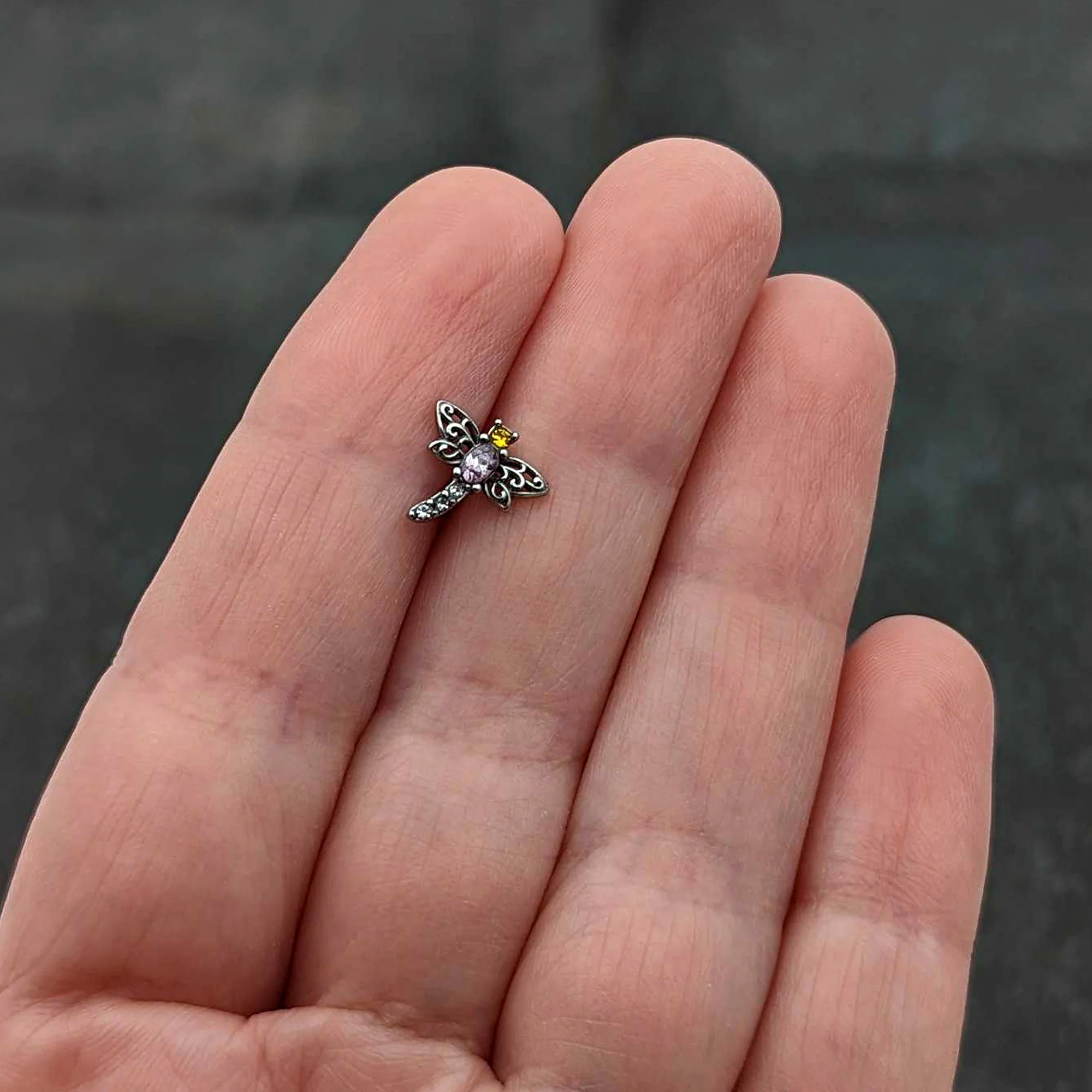 Purple Yellow Clear Gem Dragonfly Barbell Tongue Ring - Image 8