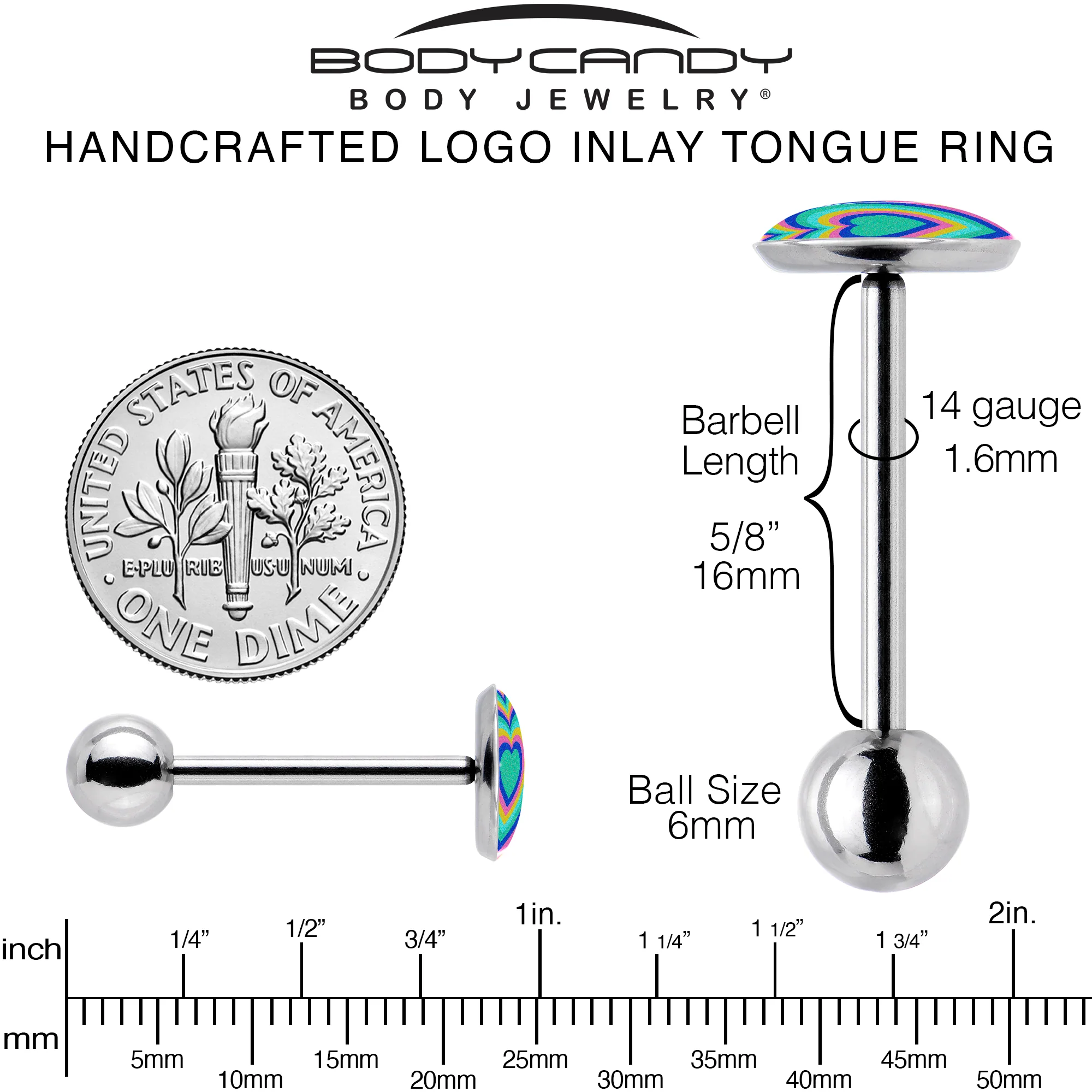 Rainbow Retro Heart Barbell Tongue Ring by Onyx O - Image 5