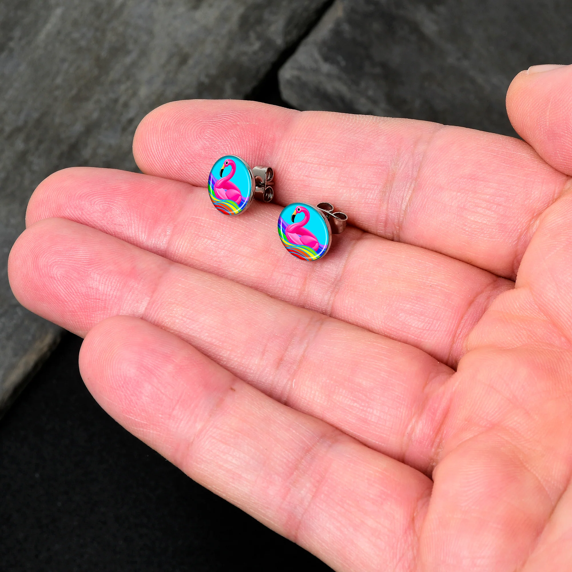 Rainbow Sea Floating Flamingo Stud Earrings by Onyx O - Image 2