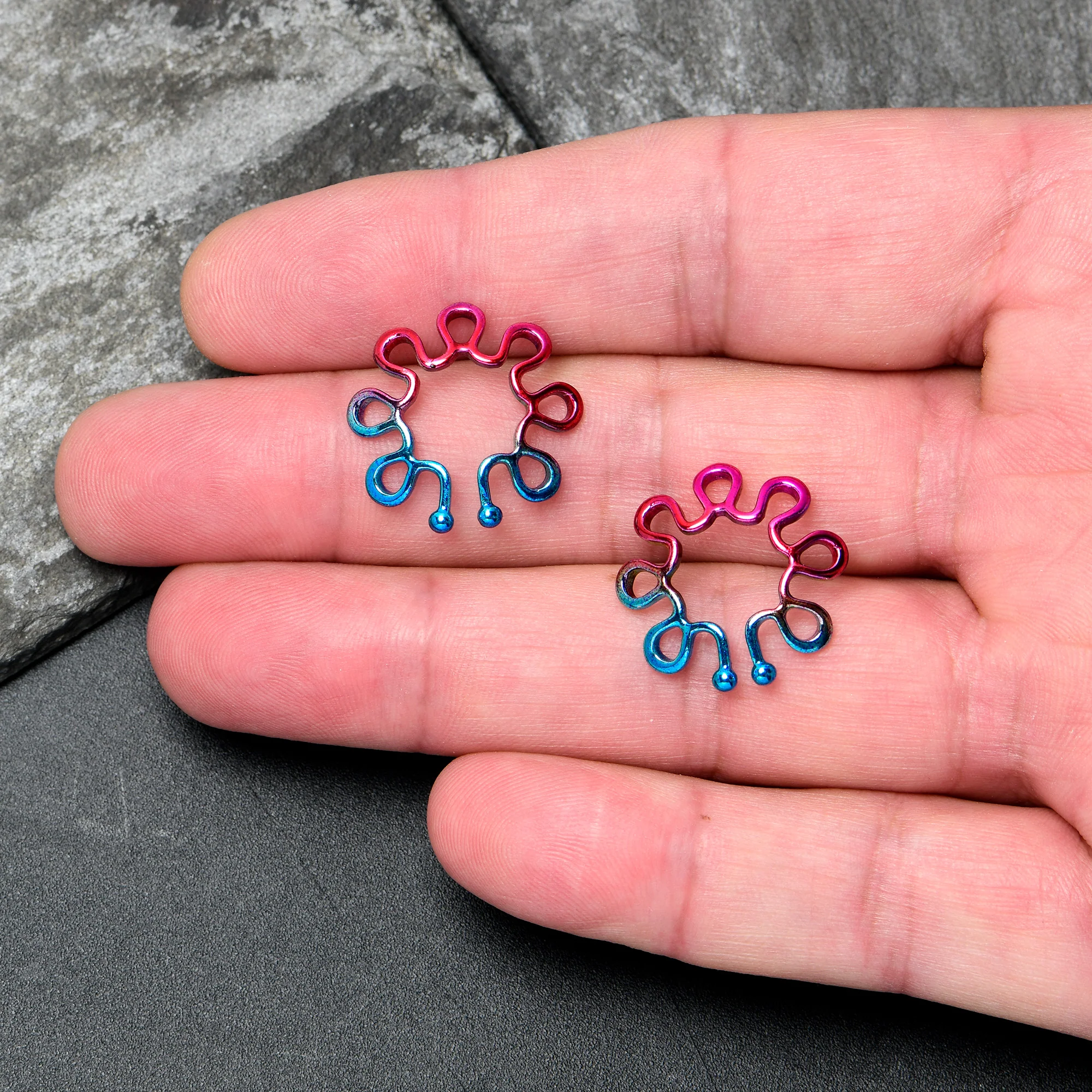 Rainbow Trippy Flower Clip On Fake Nipple Ring Set - Image 3