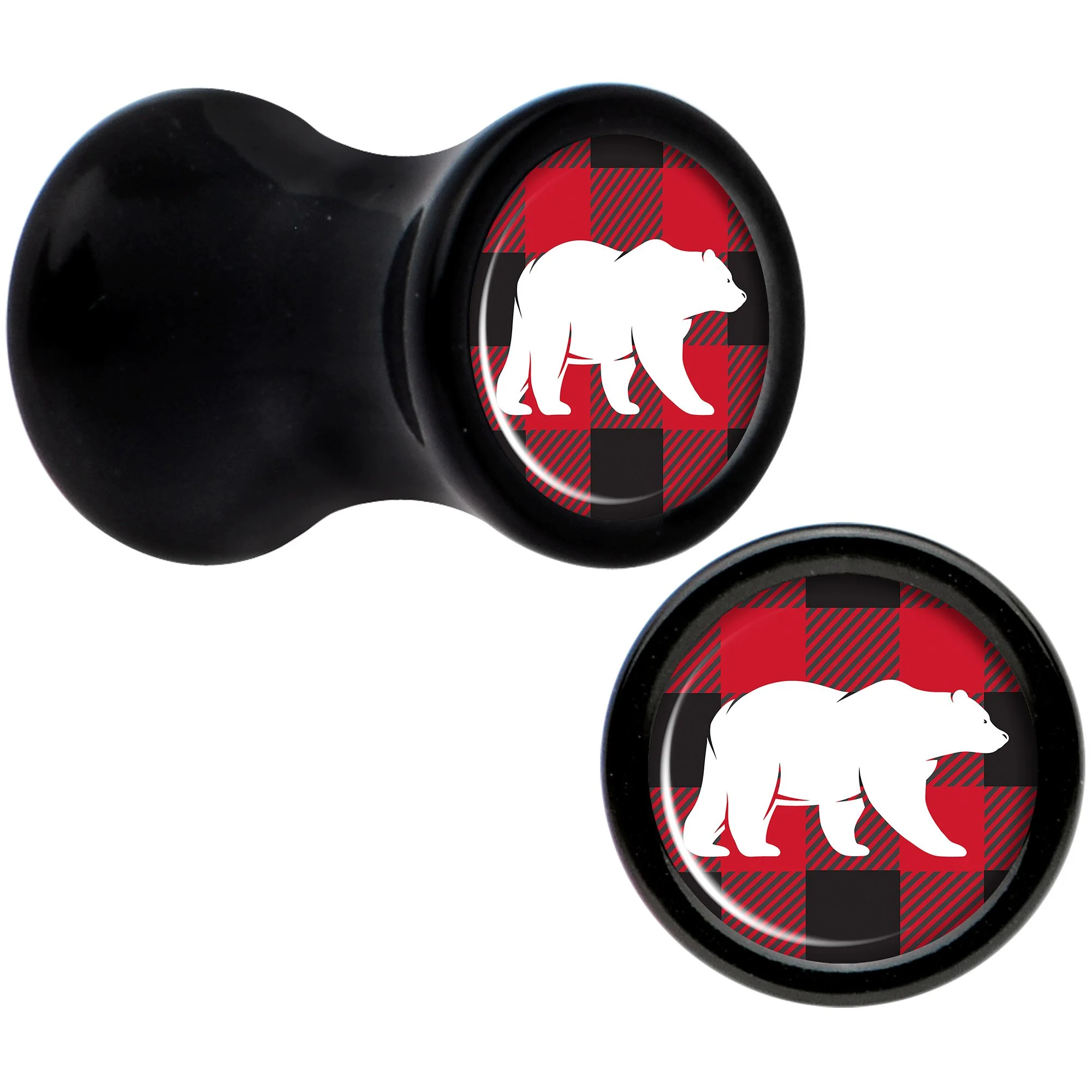 Red Black Plaid Polar Bear Black Acrylic Saddle Plug Set Sizes 5mm to 20mm - Image 2