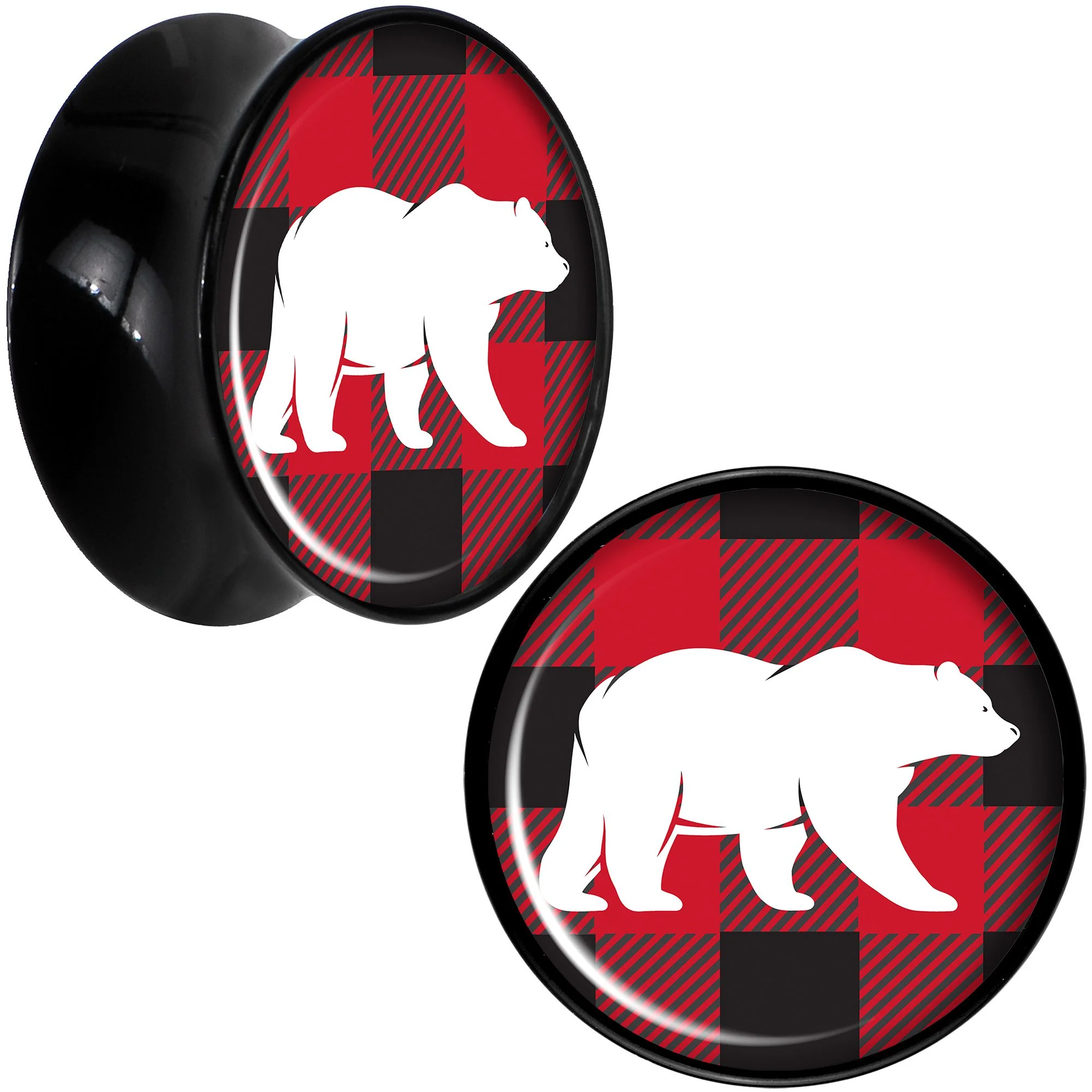 Red Black Plaid Polar Bear Black Acrylic Saddle Plug Set Sizes 5mm to 20mm - Image 8