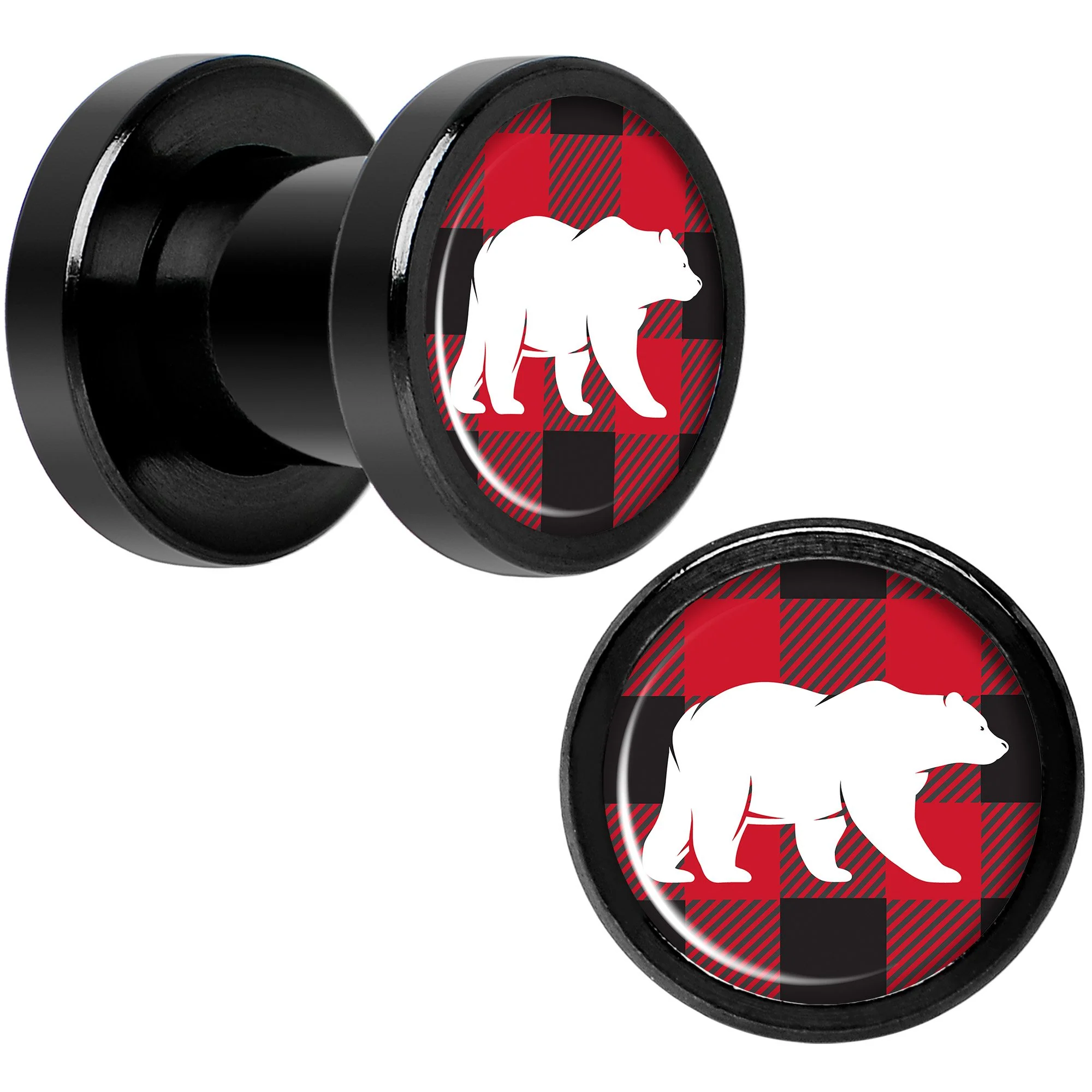Red Black Plaid Polar Bear Black Screw Fit Plug Set Sizes 5mm to 20mm - Image 3