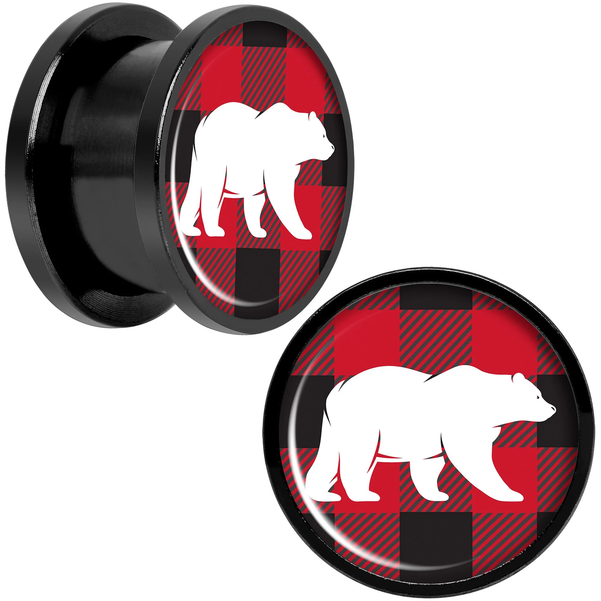 Red Black Plaid Polar Bear Black Screw Fit Plug Set Sizes 5mm to 20mm - Image 6