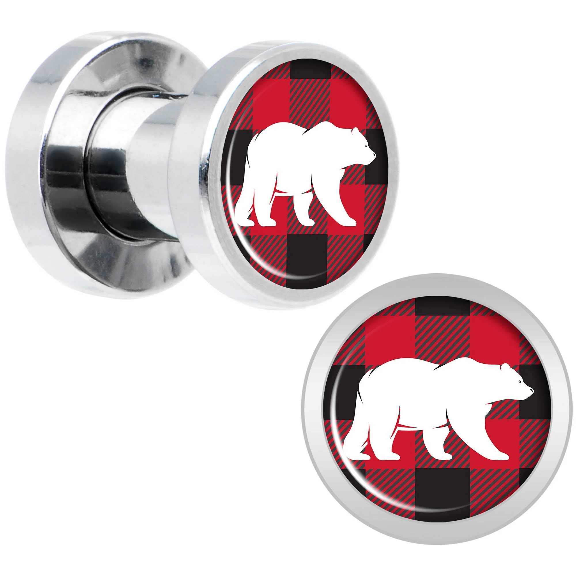 Red Black Plaid Polar Bear Screw Fit Plug Set Sizes 5mm to 20mm - Image 2