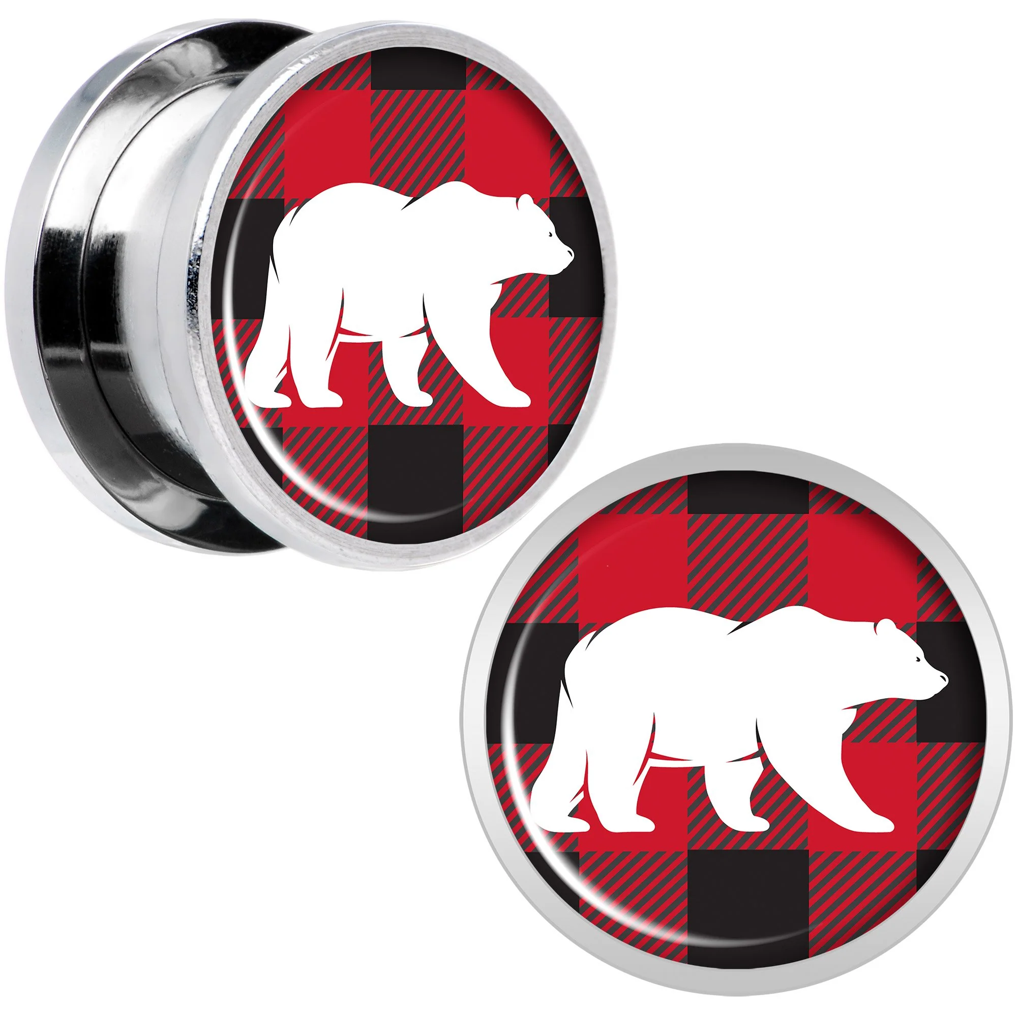 Red Black Plaid Polar Bear Screw Fit Plug Set Sizes 5mm to 20mm - Image 6