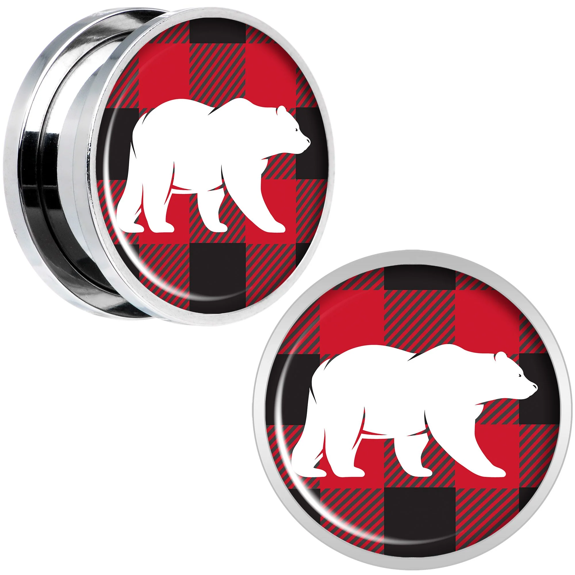 Red Black Plaid Polar Bear Screw Fit Plug Set Sizes 5mm to 20mm - Image 8