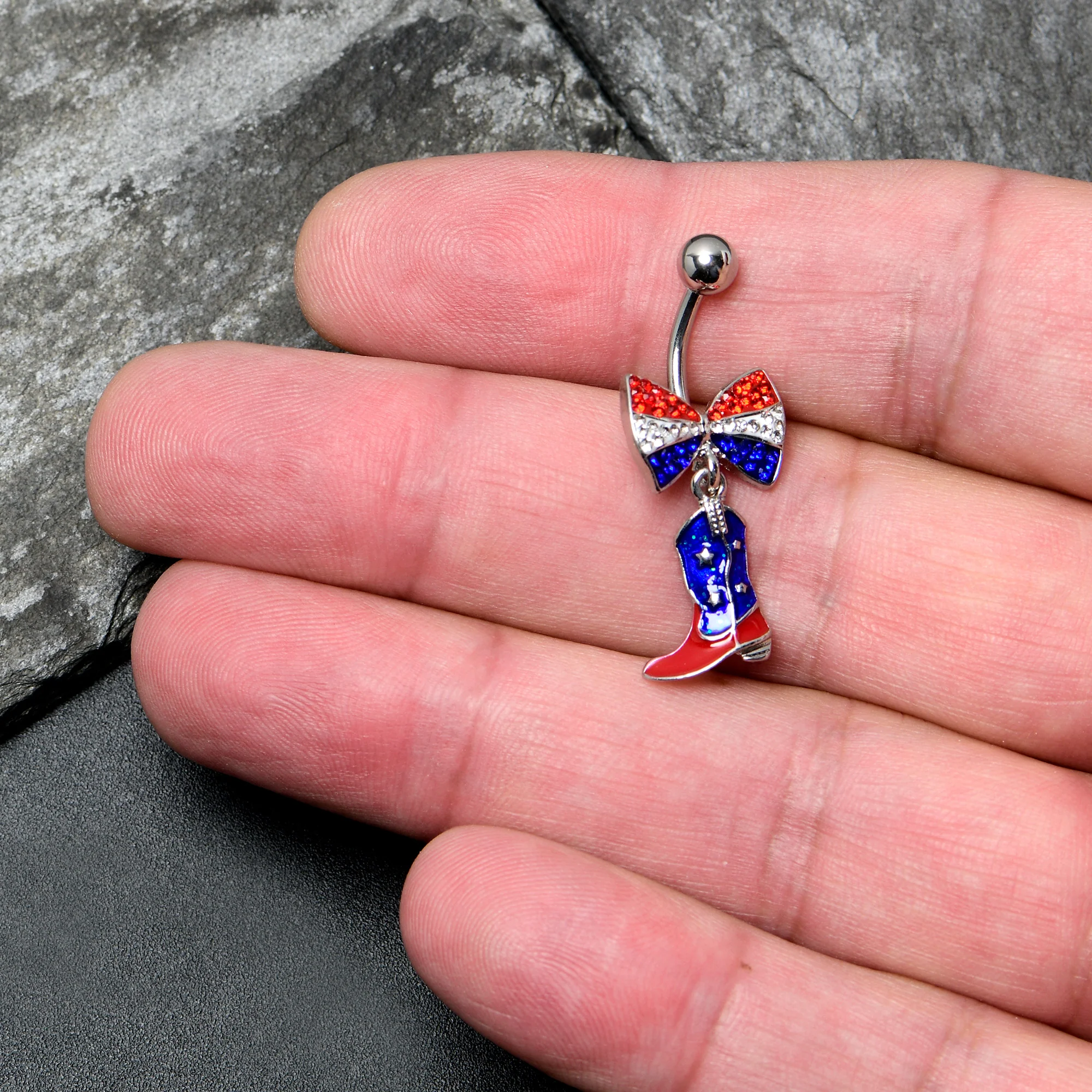 Red Blue Clear Gem Bow Cowboy Boot Patriotic Dangle Belly Ring - Image 2