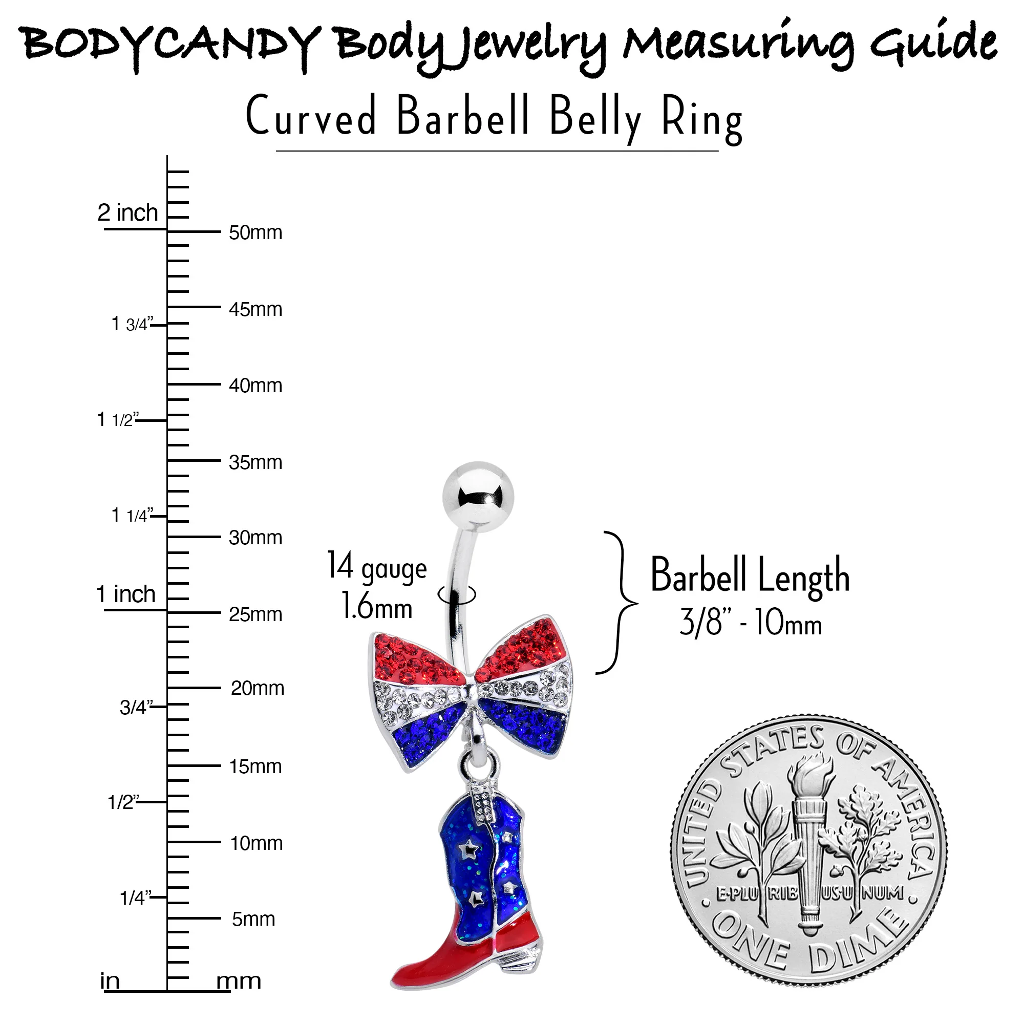 Red Blue Clear Gem Bow Cowboy Boot Patriotic Dangle Belly Ring - Image 3