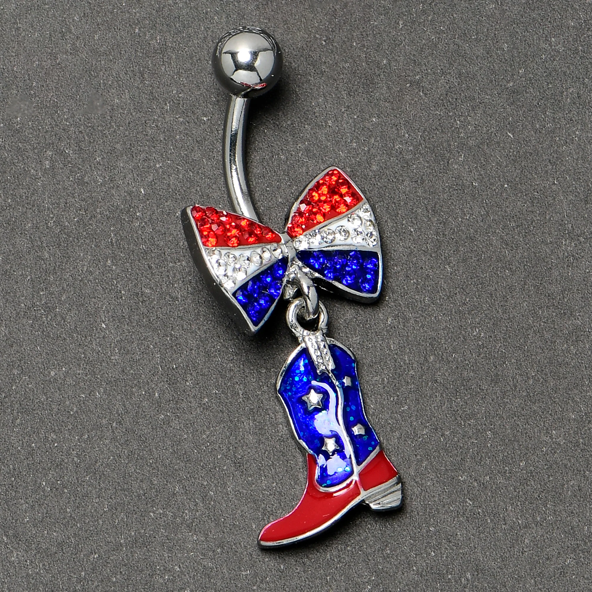 Red Blue Clear Gem Bow Cowboy Boot Patriotic Dangle Belly Ring - Image 4