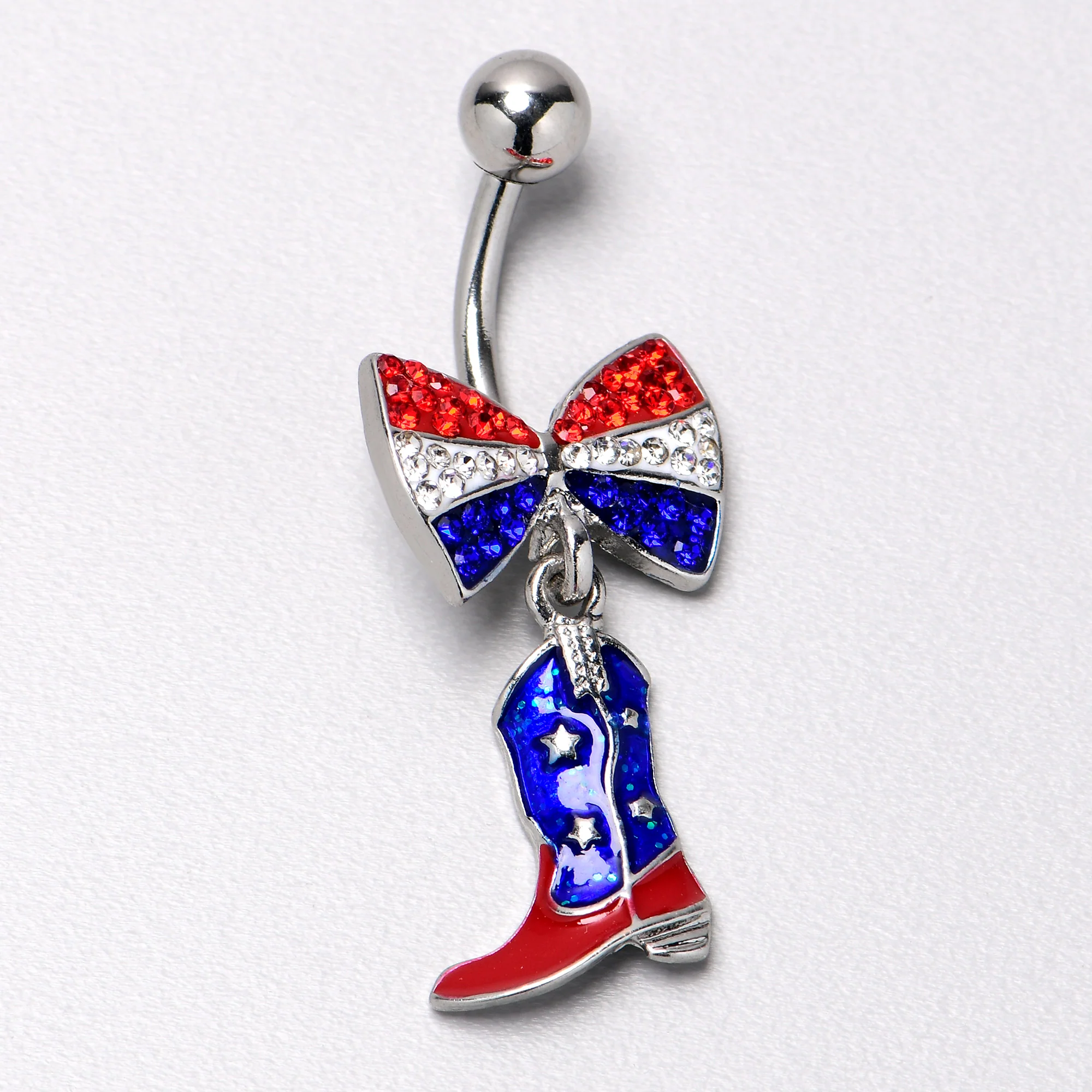 Red Blue Clear Gem Bow Cowboy Boot Patriotic Dangle Belly Ring - Image 5