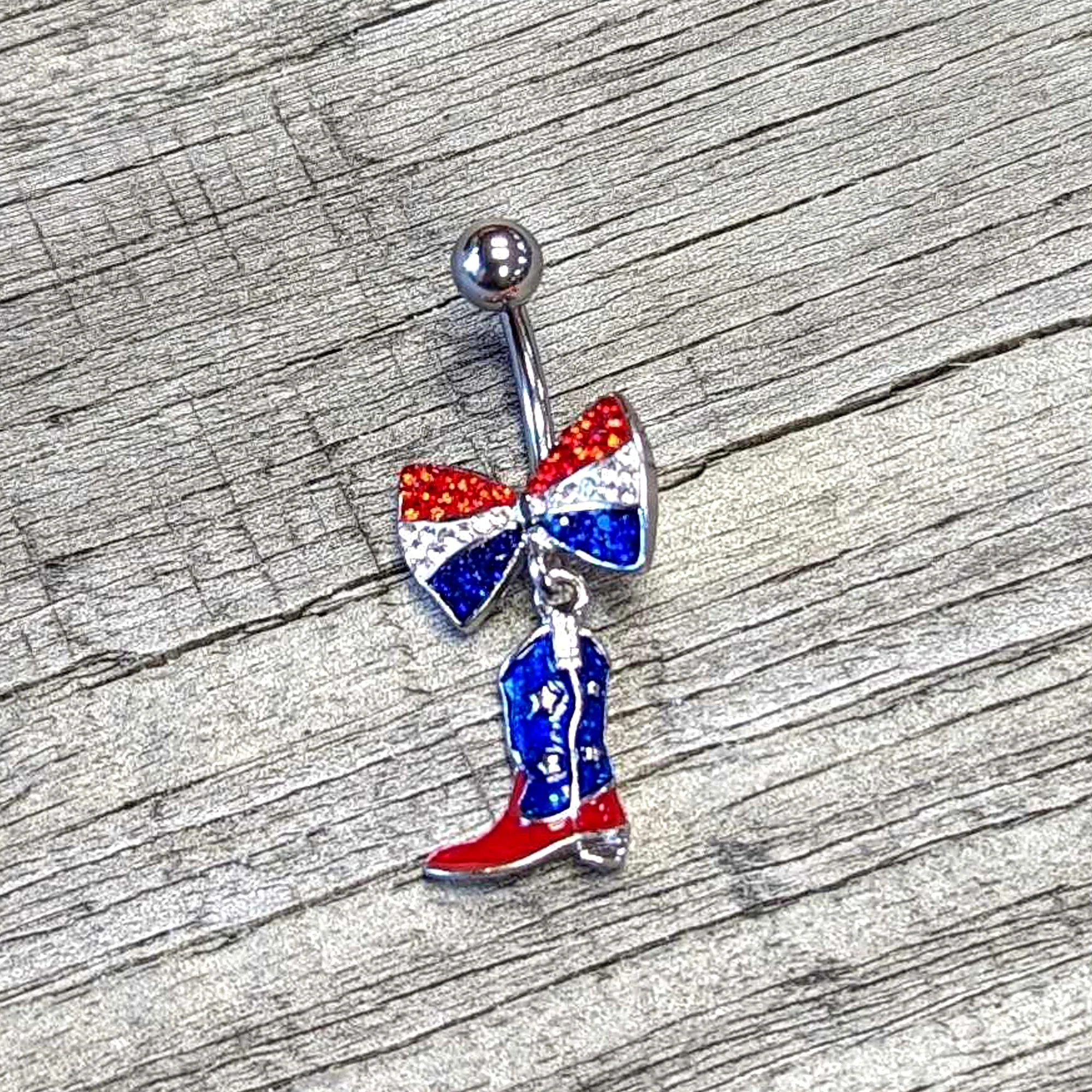 Red Blue Clear Gem Bow Cowboy Boot Patriotic Dangle Belly Ring - Image 7