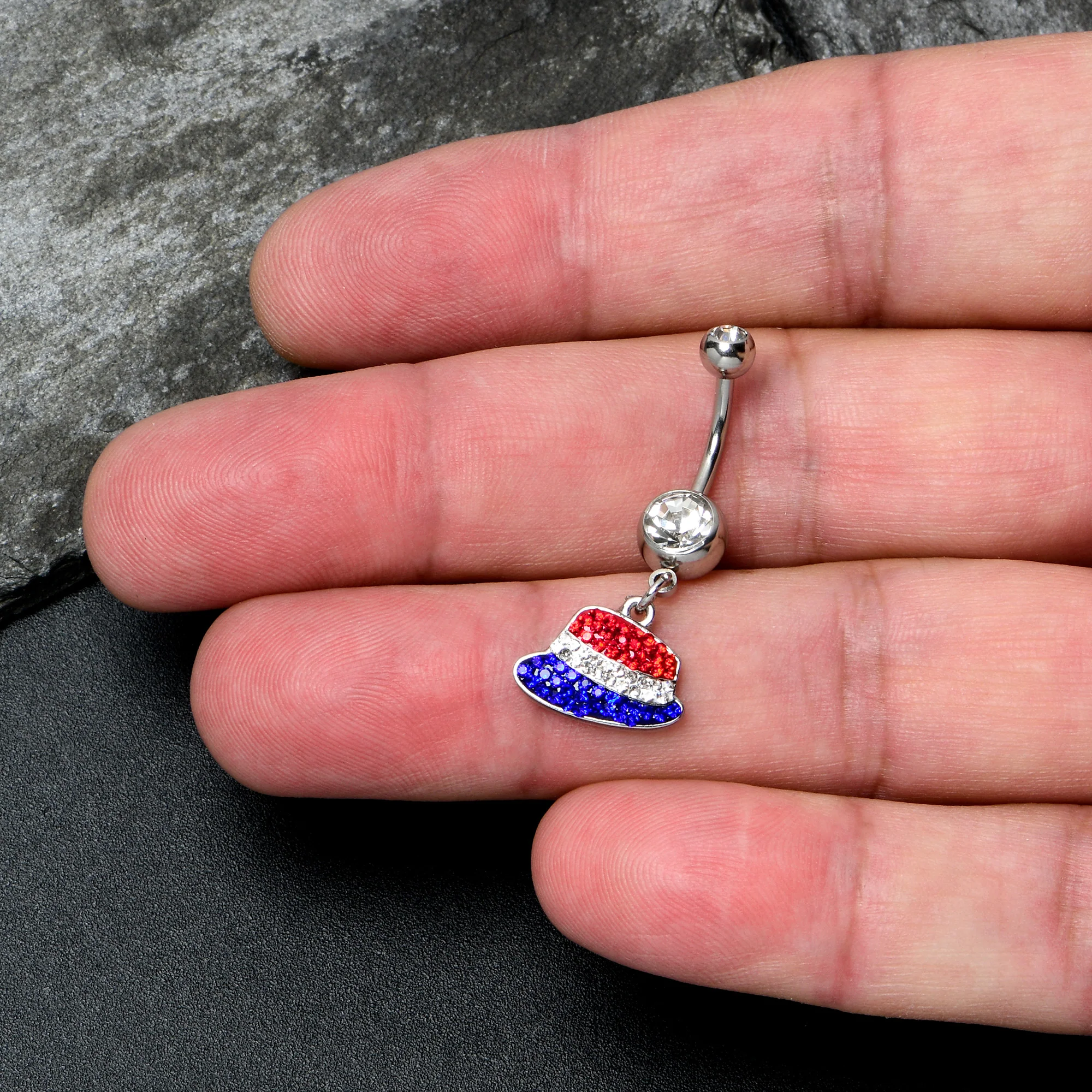 Red Blue Clear Gem Patriotic Hat Dangle Belly Ring - Image 2