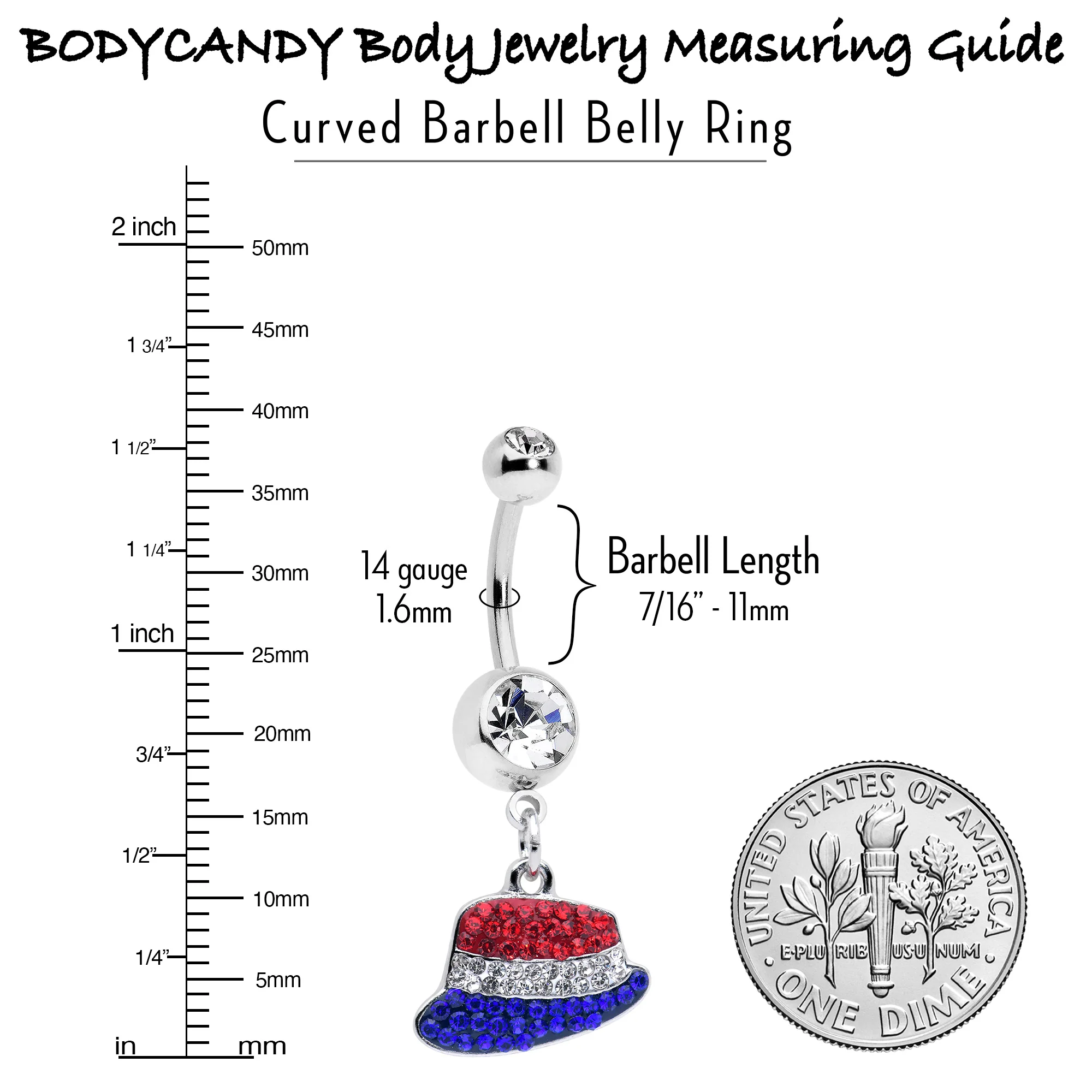 Red Blue Clear Gem Patriotic Hat Dangle Belly Ring - Image 3