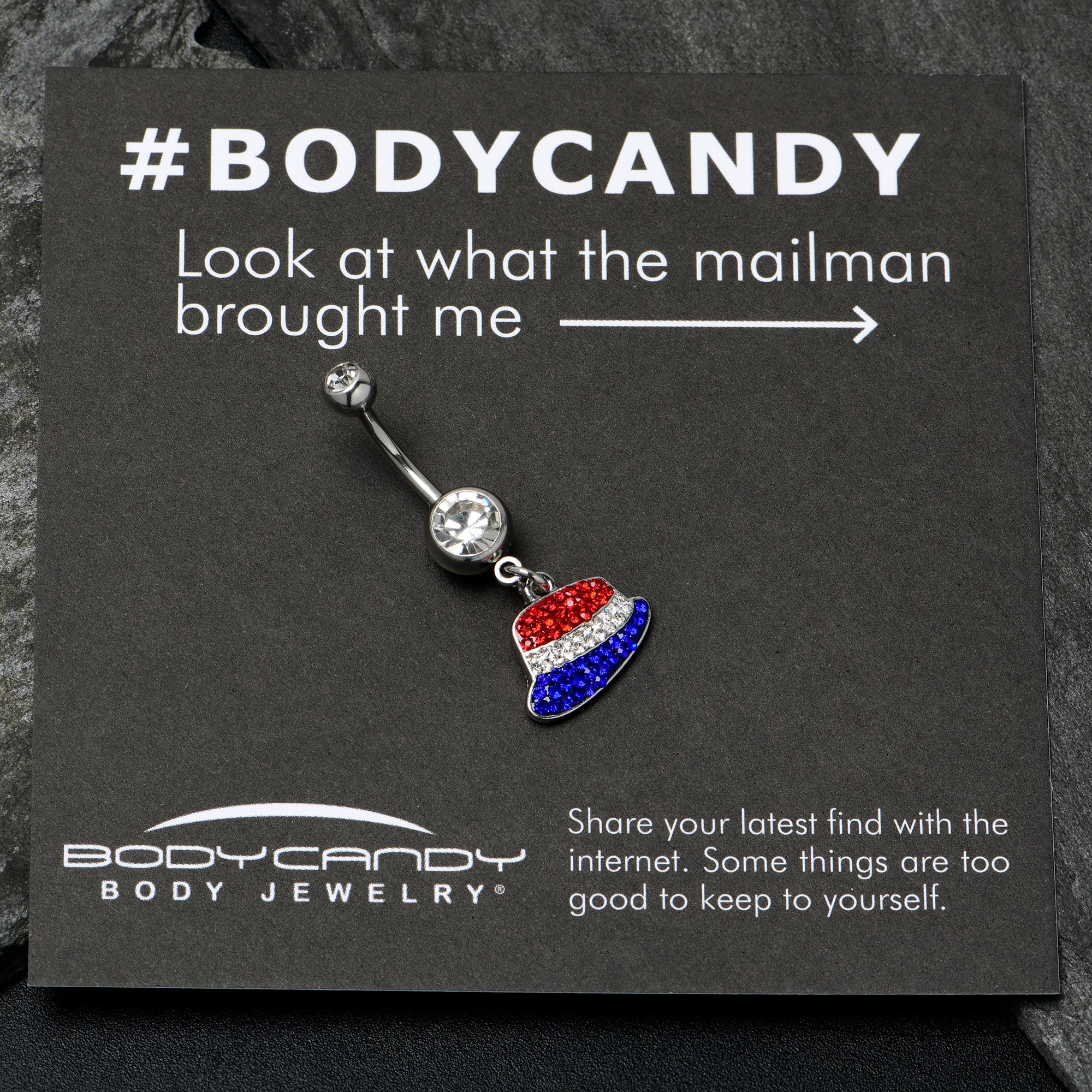 Red Blue Clear Gem Patriotic Hat Dangle Belly Ring - Image 4