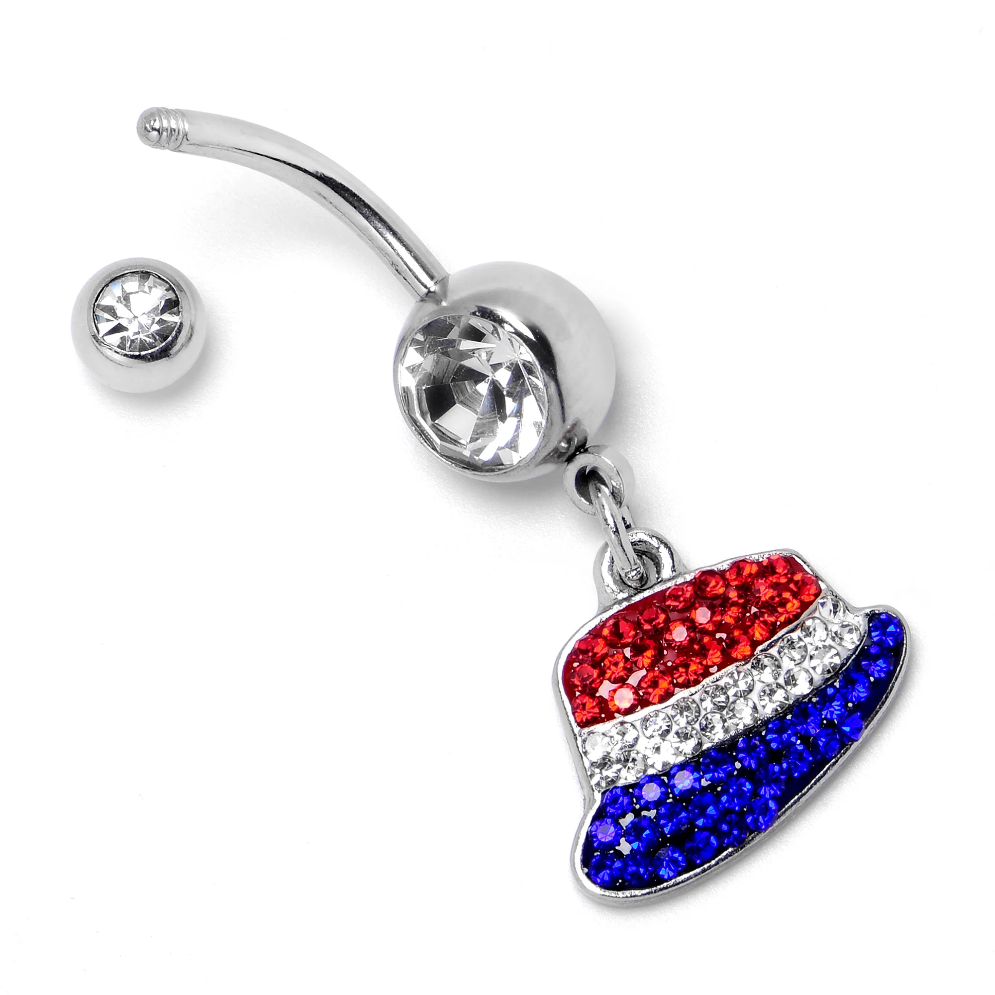 Red Blue Clear Gem Patriotic Hat Dangle Belly Ring - Image 6