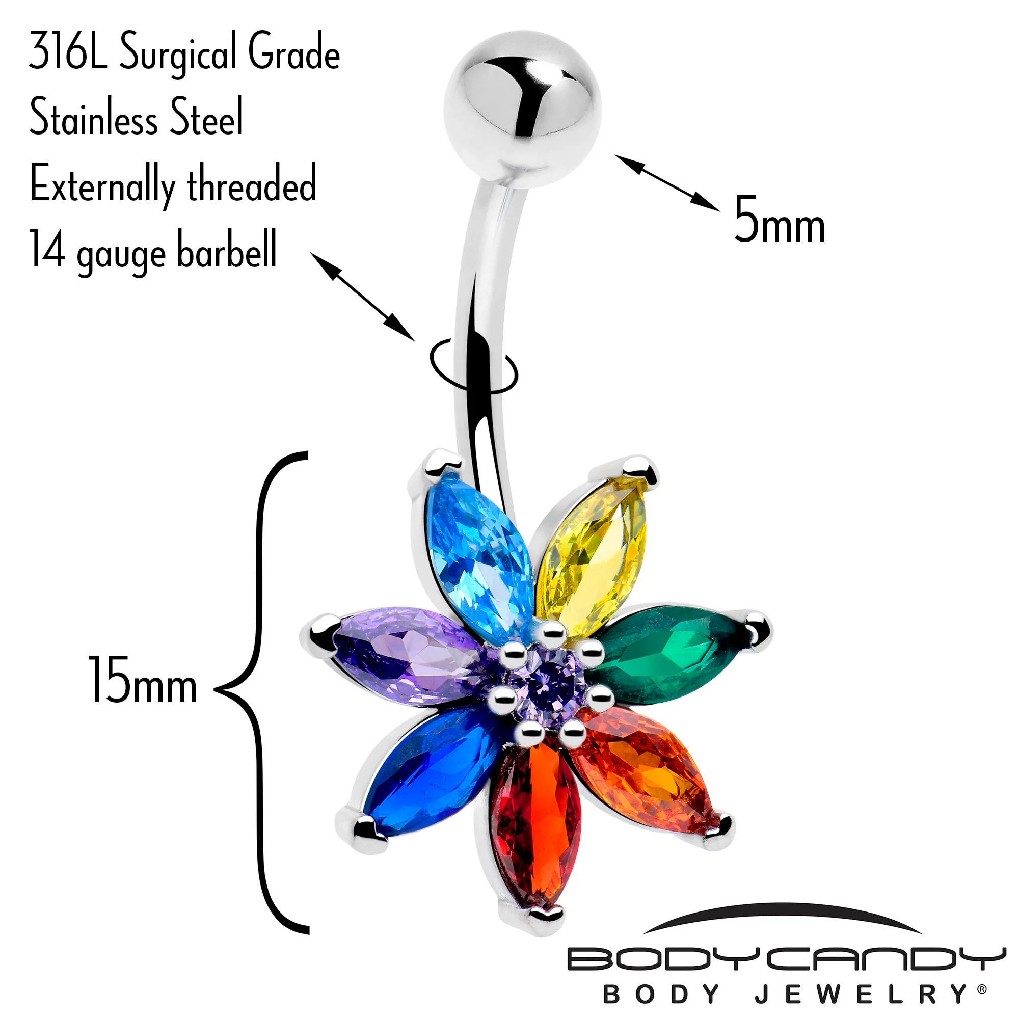 Red Blue CZ Gem Rainbow Flower Belly Ring - Image 2