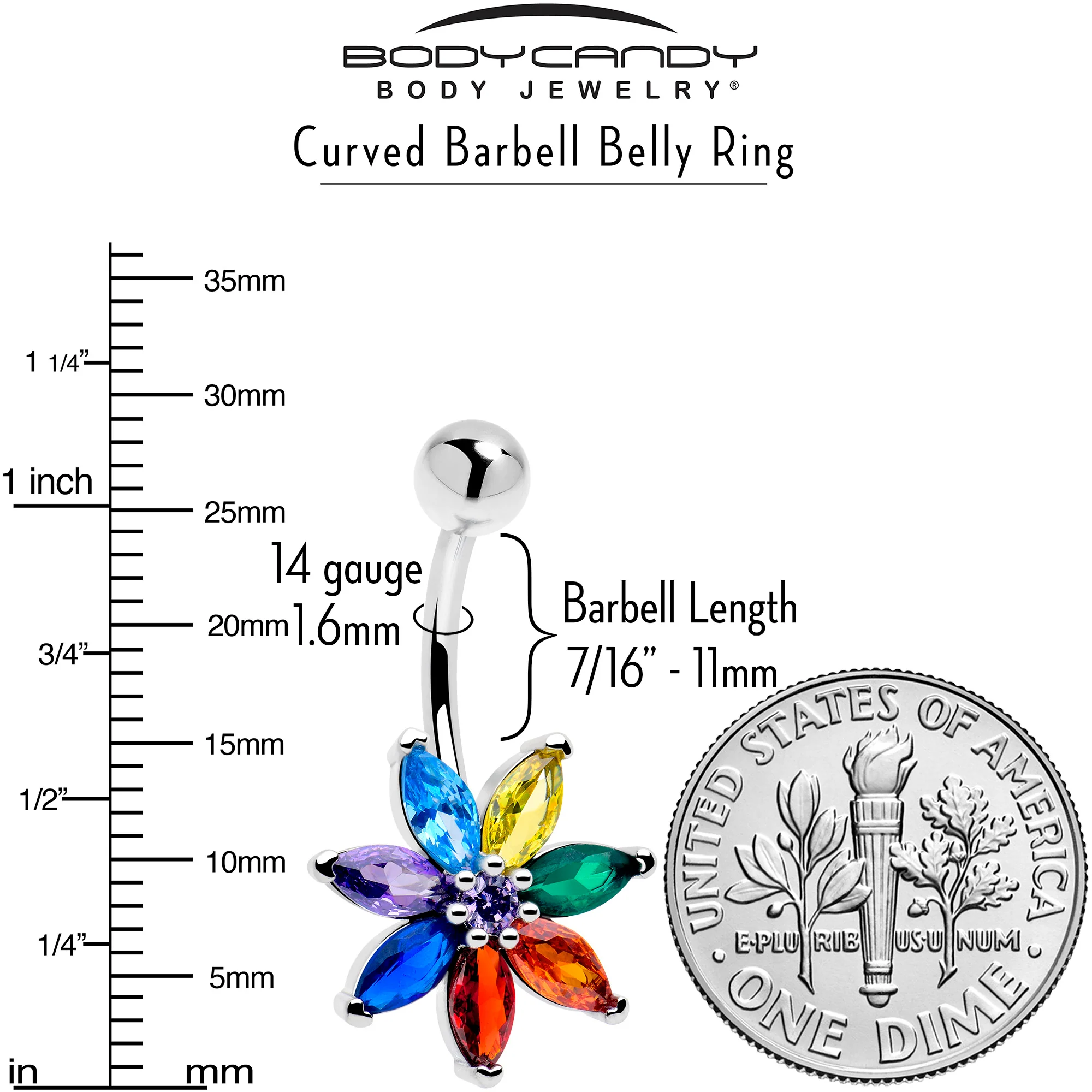 Red Blue CZ Gem Rainbow Flower Belly Ring - Image 3