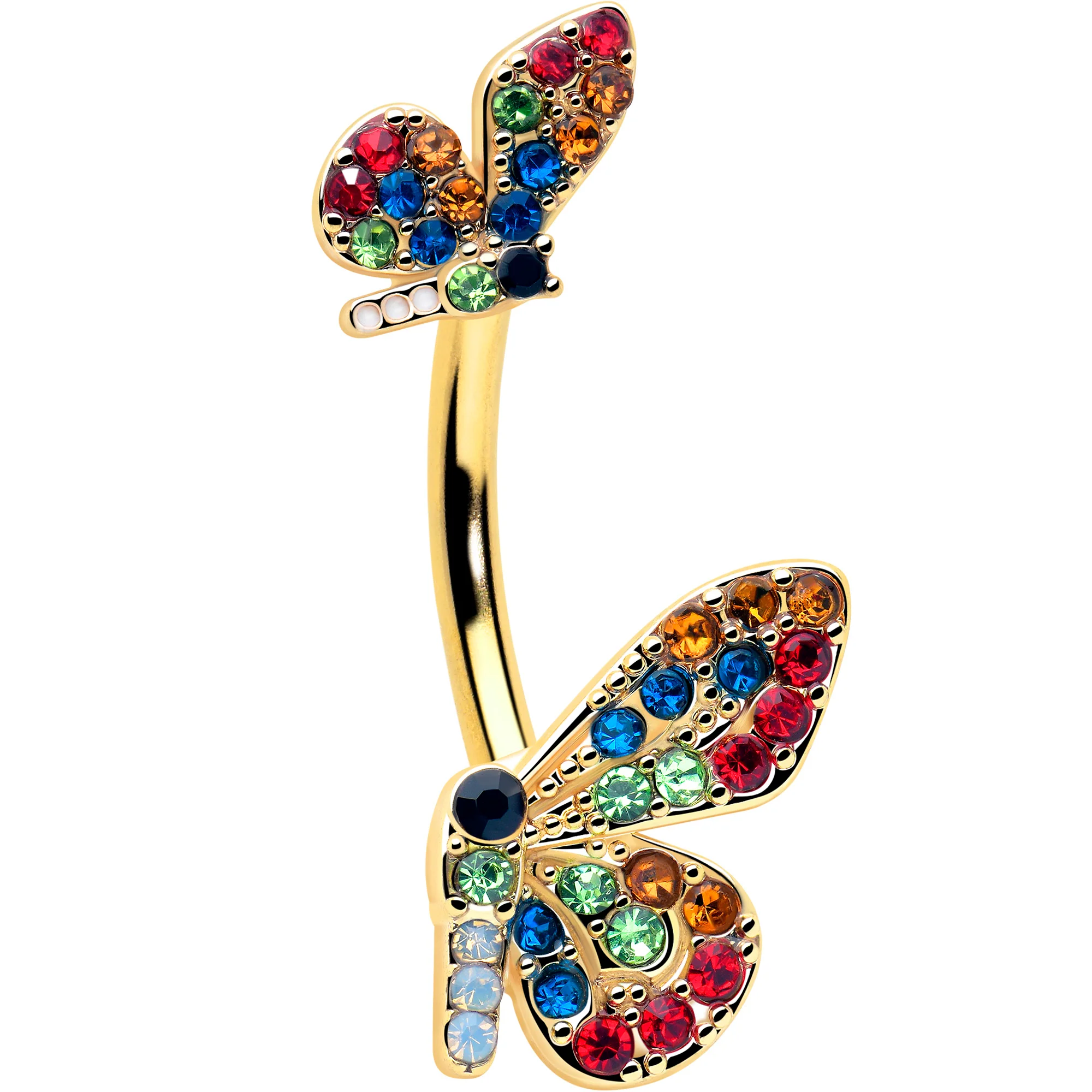 Red Blue Gem Gold Tone Butterfly Double Mount Belly Ring