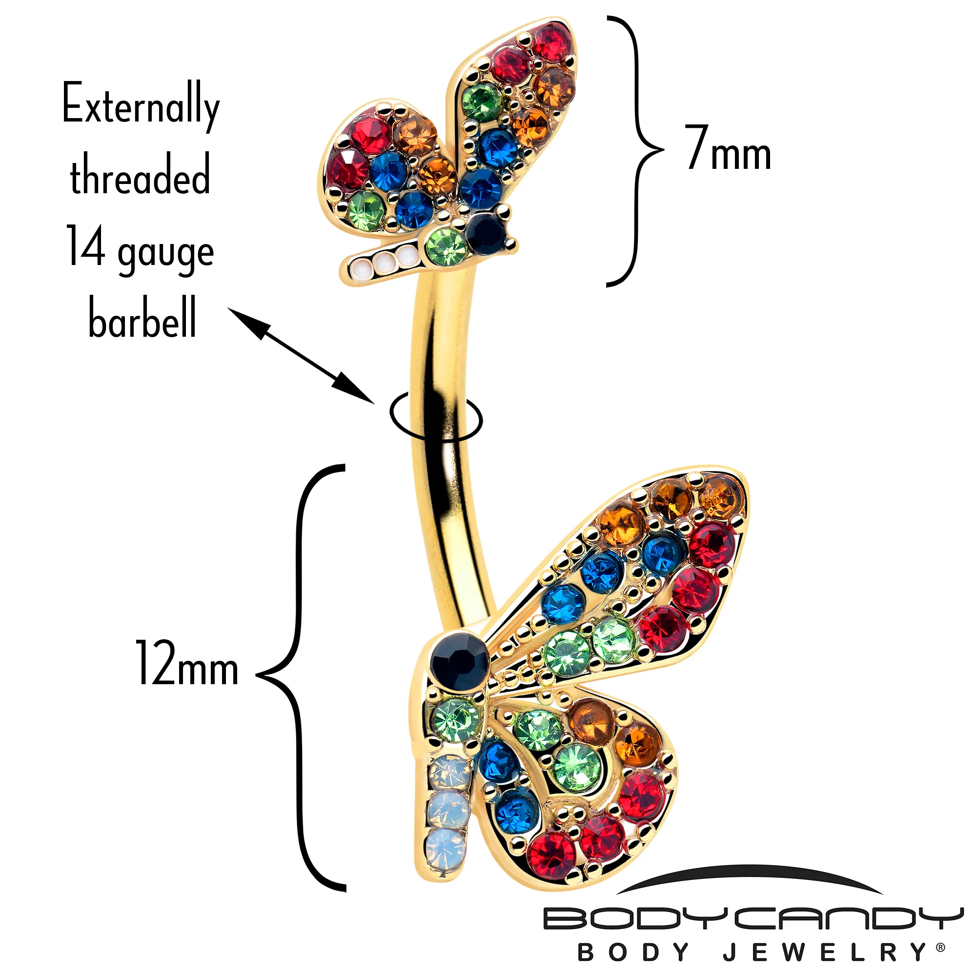 Red Blue Gem Gold Tone Butterfly Double Mount Belly Ring - Image 2