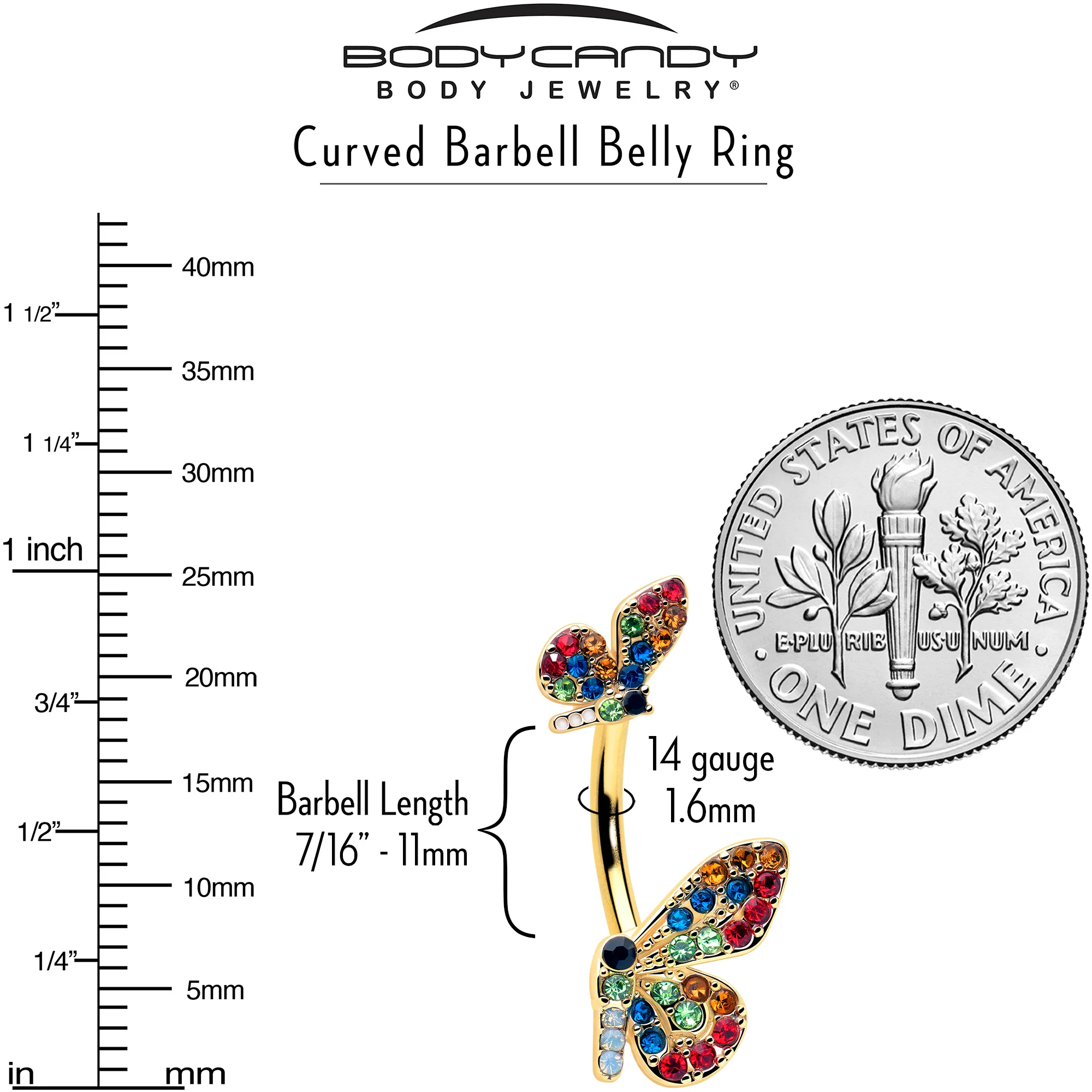 Red Blue Gem Gold Tone Butterfly Double Mount Belly Ring - Image 3