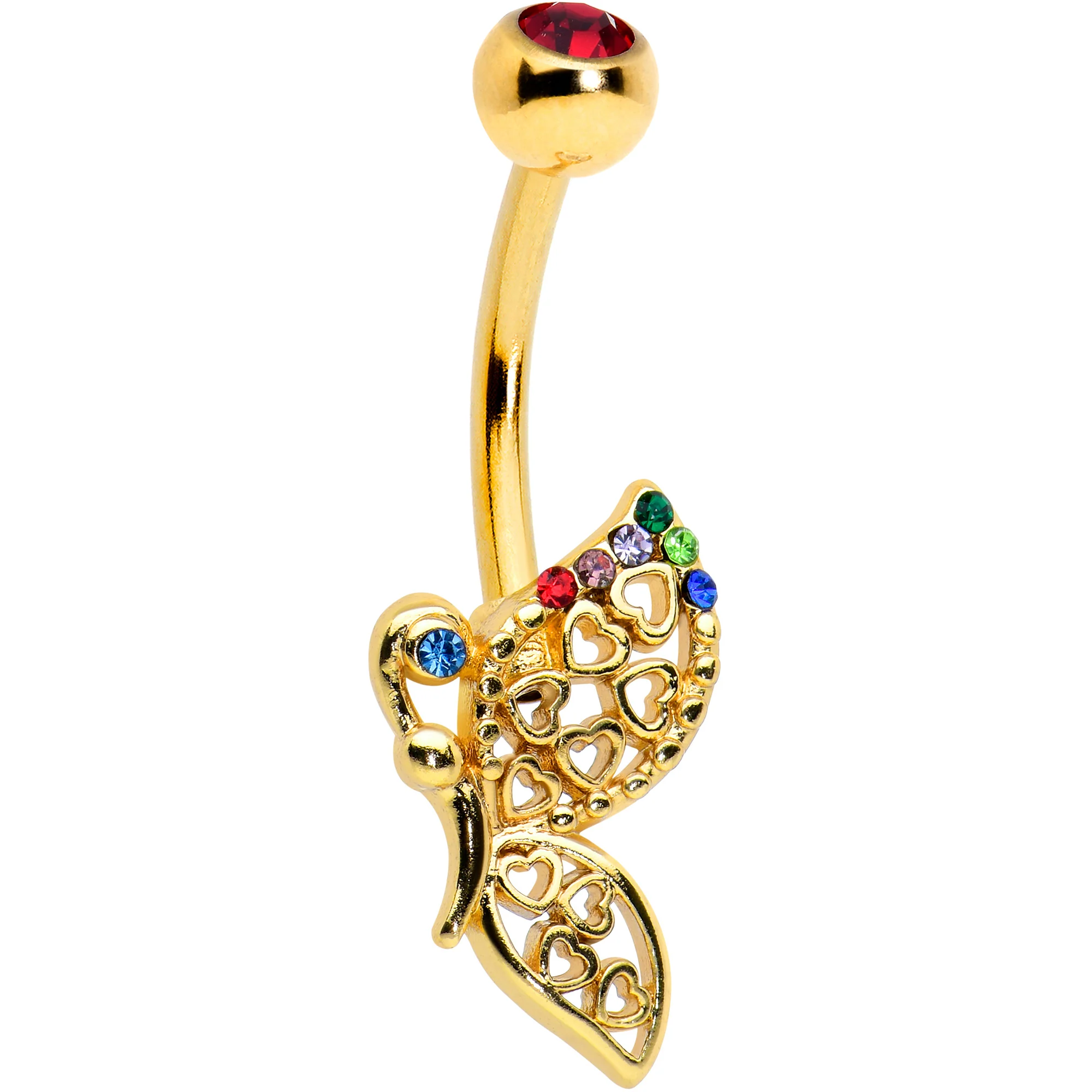 Red Blue Green Gem Gold Tone Heart Butterfly Belly Ring
