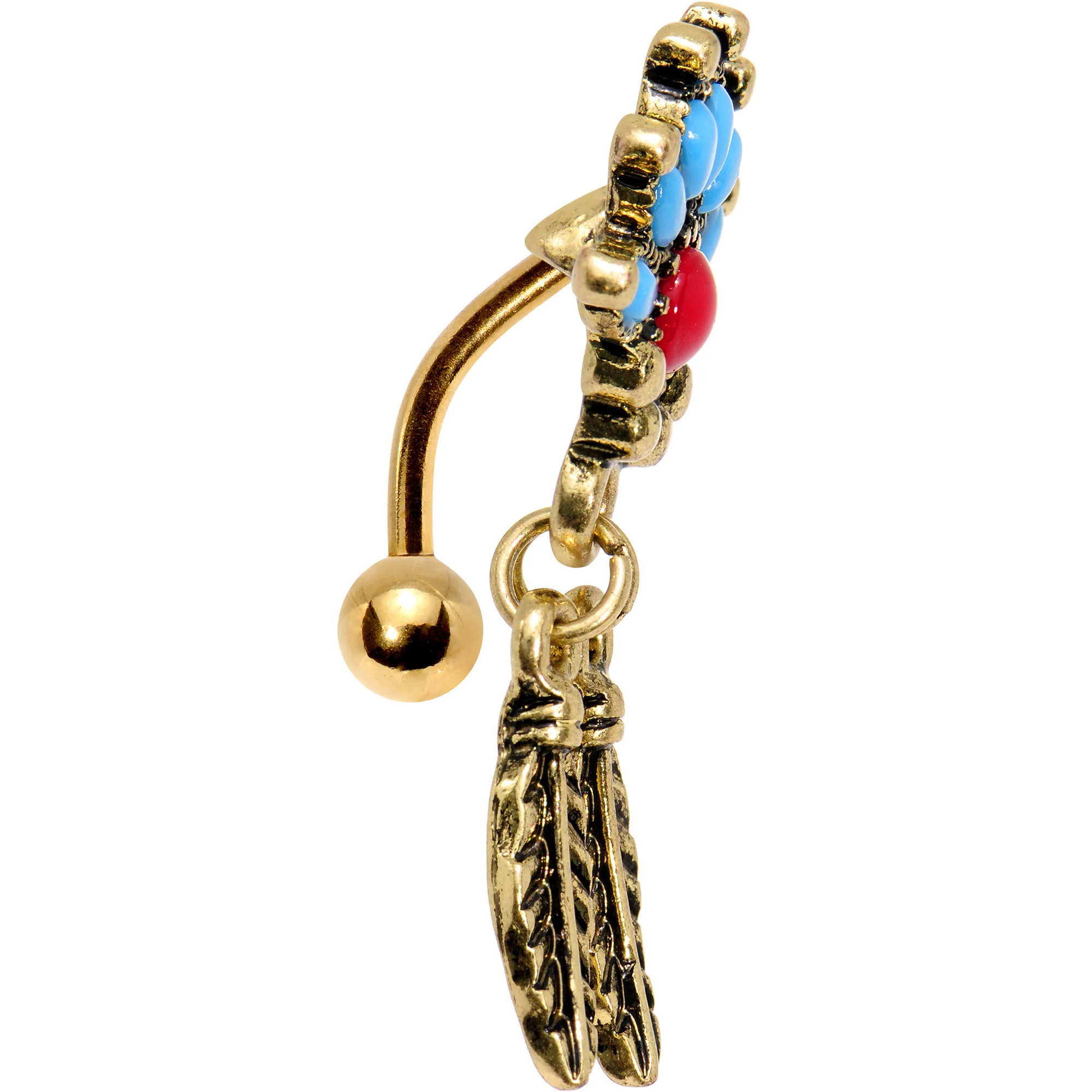 Red Blue Orb Gold Anodized Fan Feather Top Mount Dangle Belly Ring - Image 2