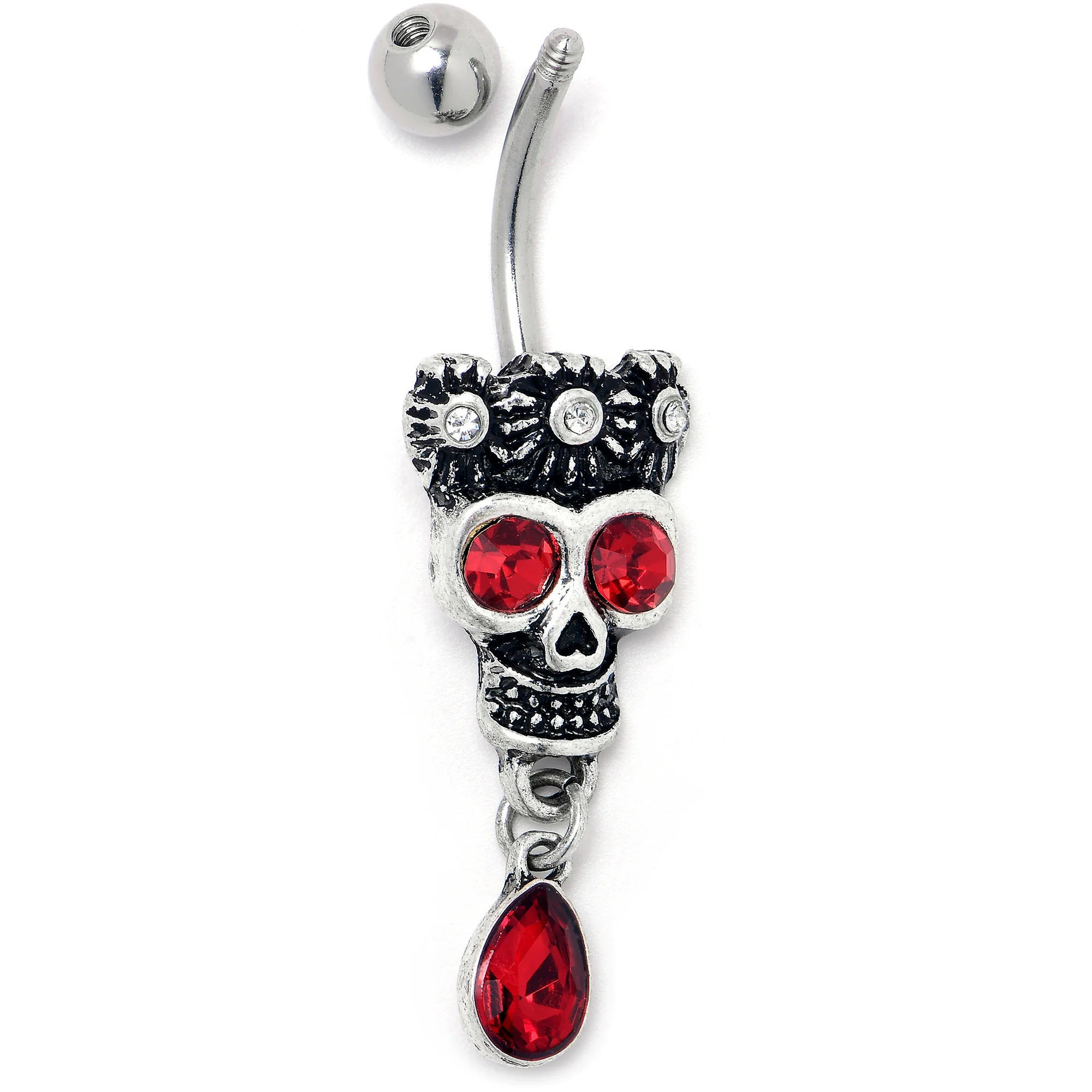 Red Clear CZ Gem Crowned Skull Dangle Belly Ring - Image 2