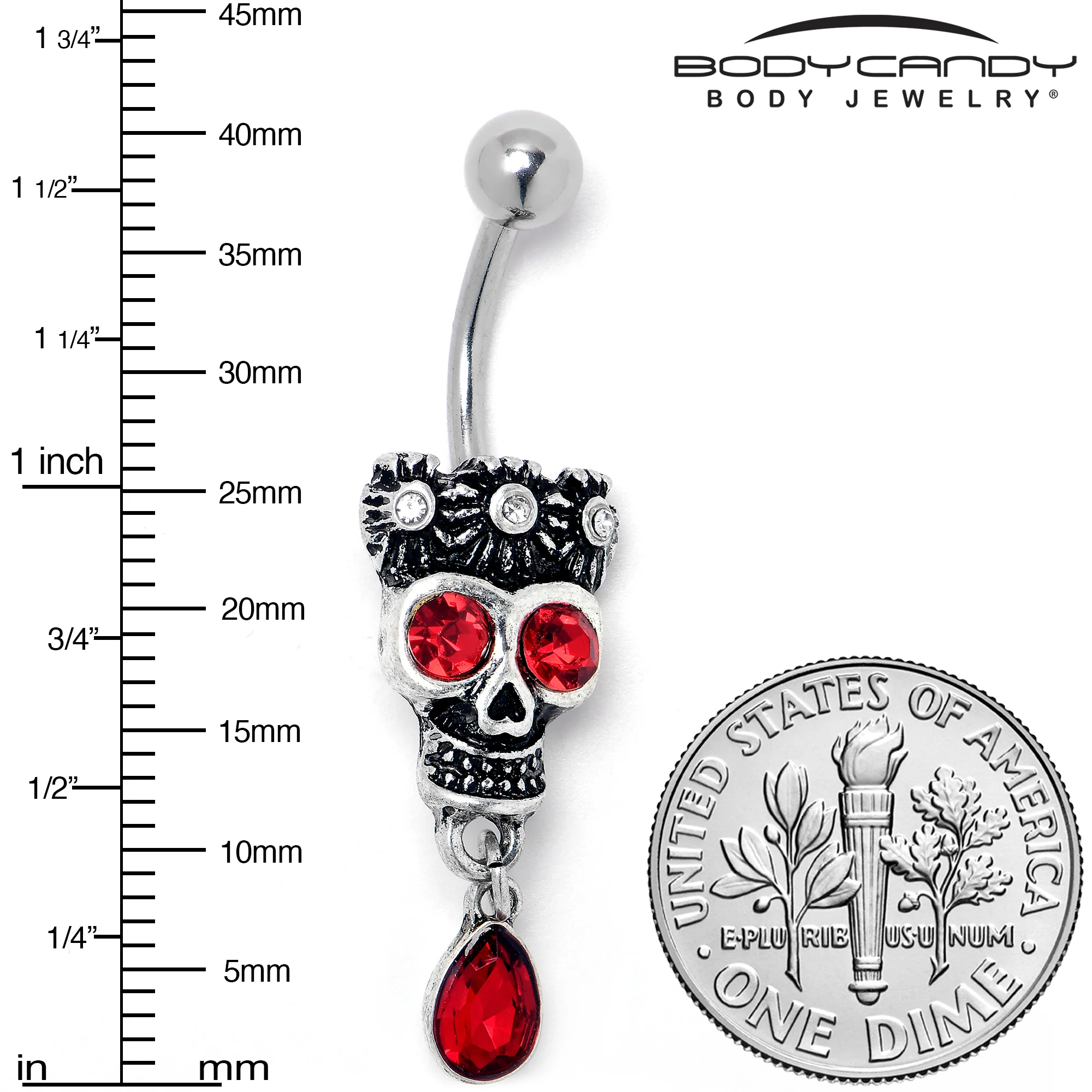 Red Clear CZ Gem Crowned Skull Dangle Belly Ring - Image 3
