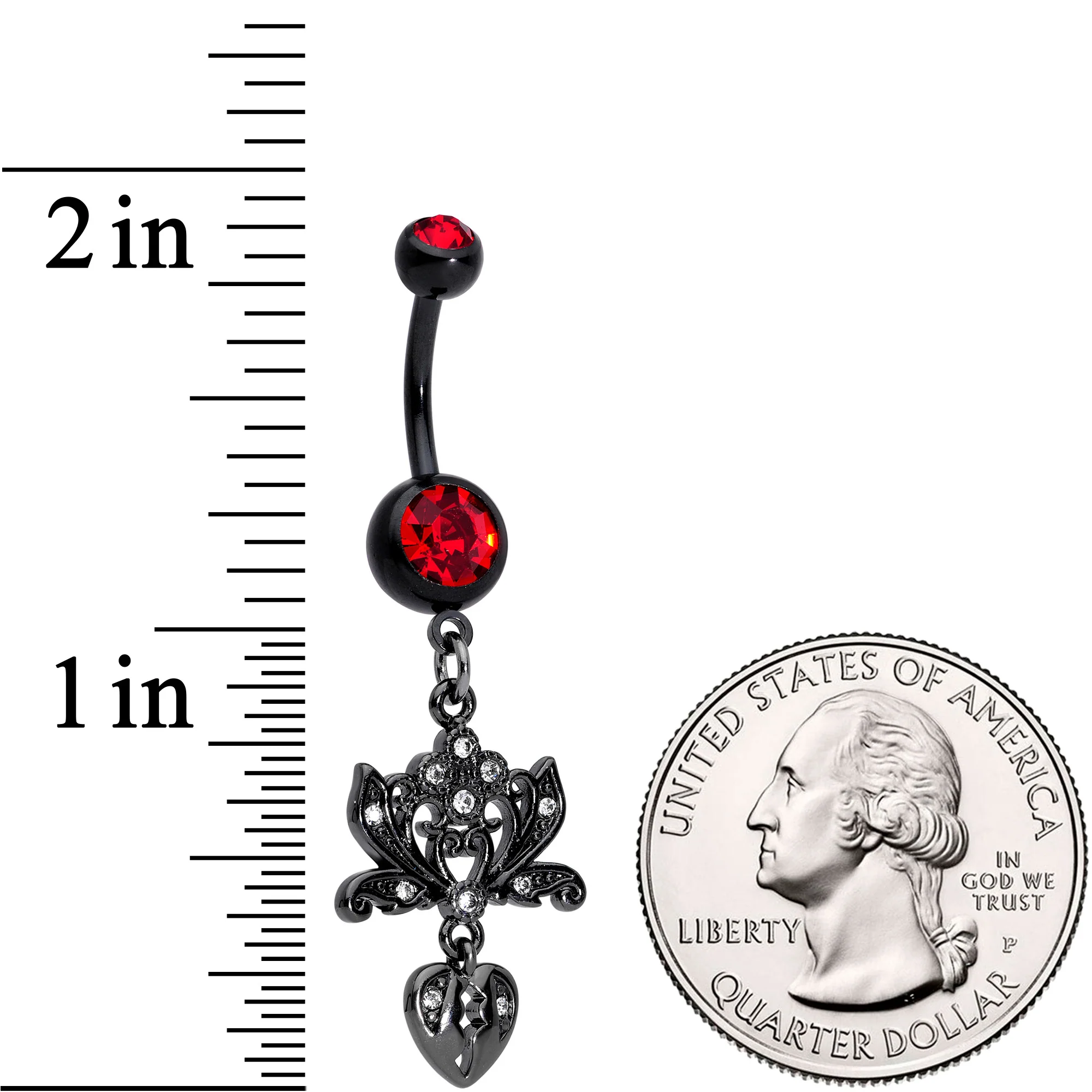 Red Clear Gem Black Lotus Flower Heart Dangle Belly Ring - Image 2