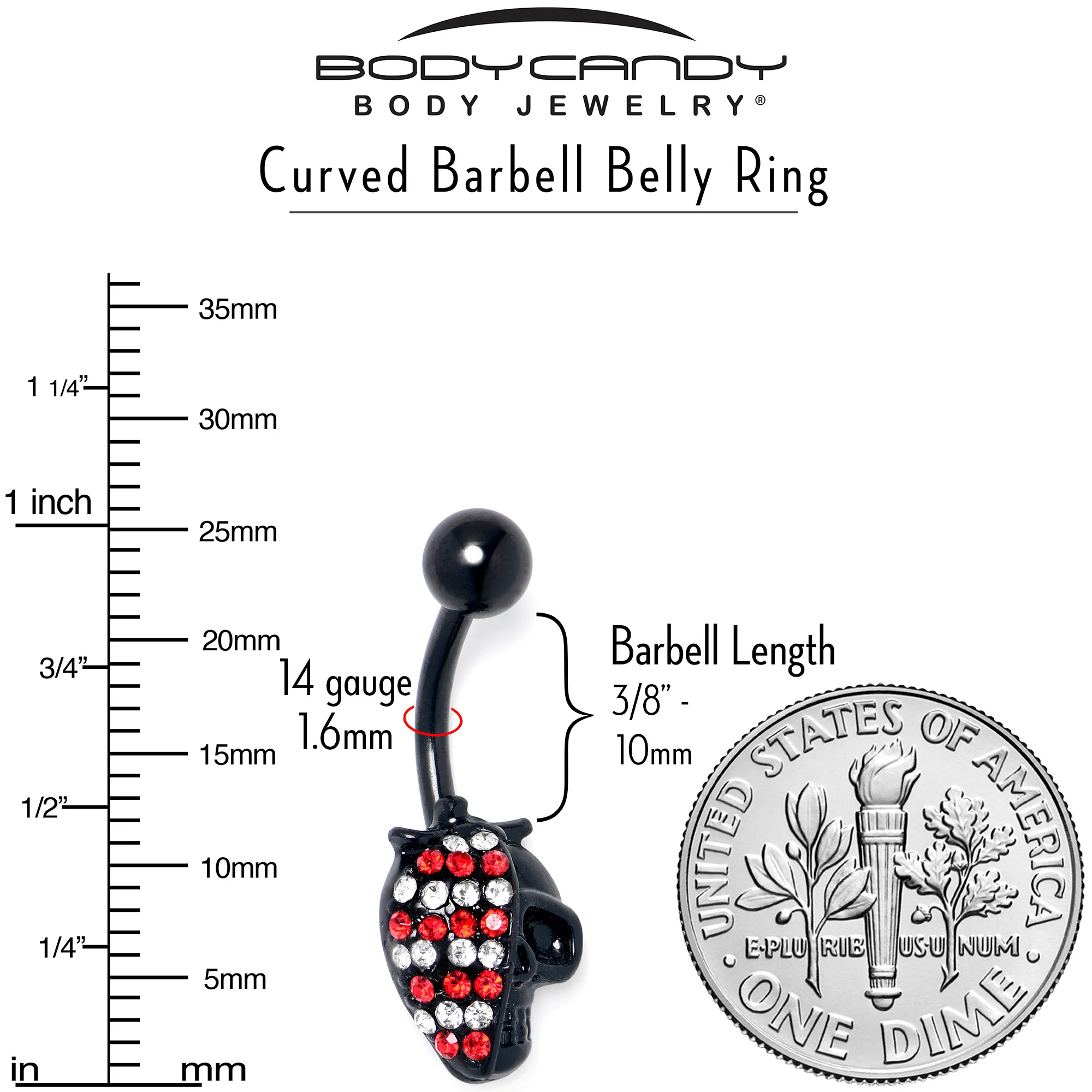 Red Clear Gem Black Skull Halloween Belly Ring - Image 4