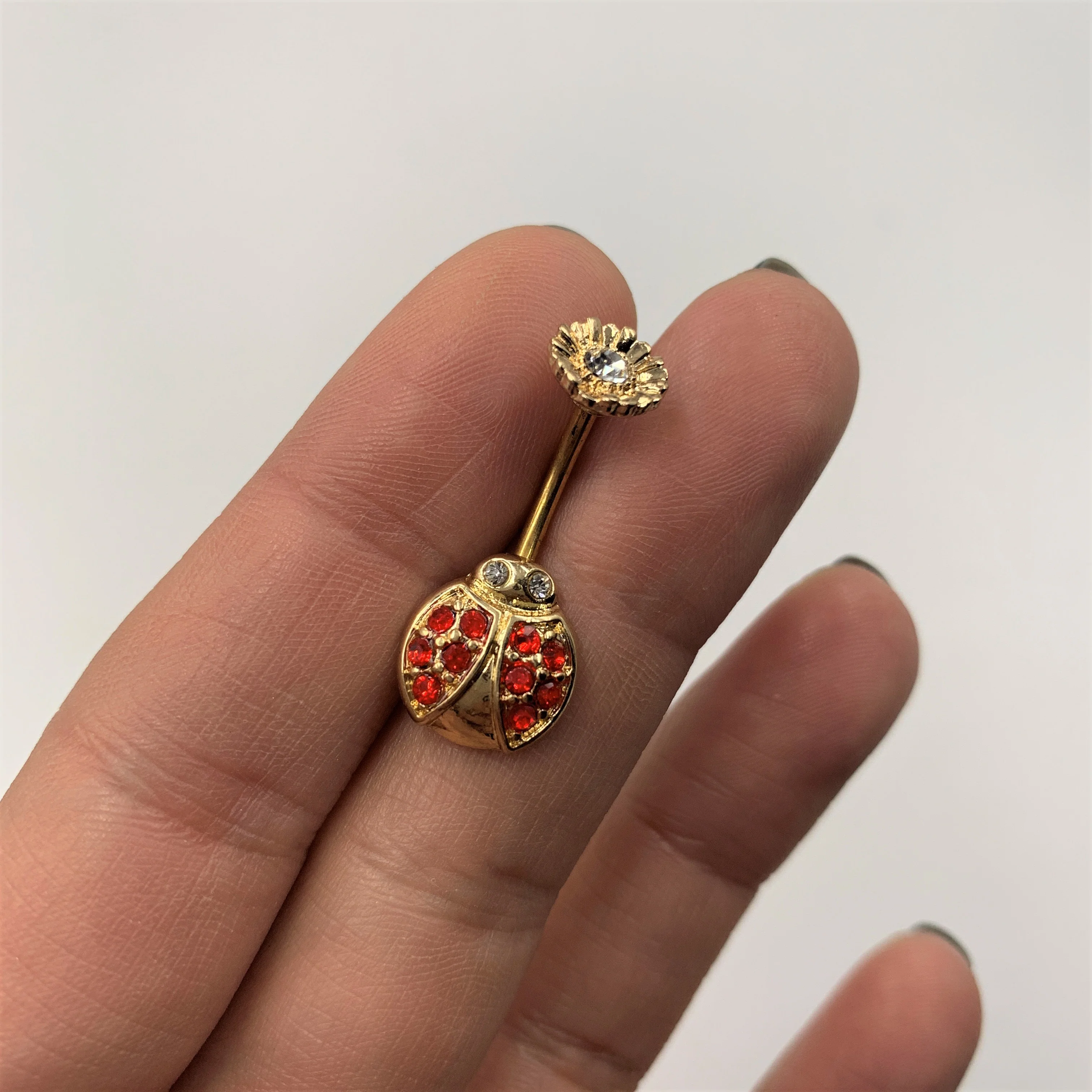 Red Clear Gem Gold Tone Ladybug Flower Belly Ring - Image 2