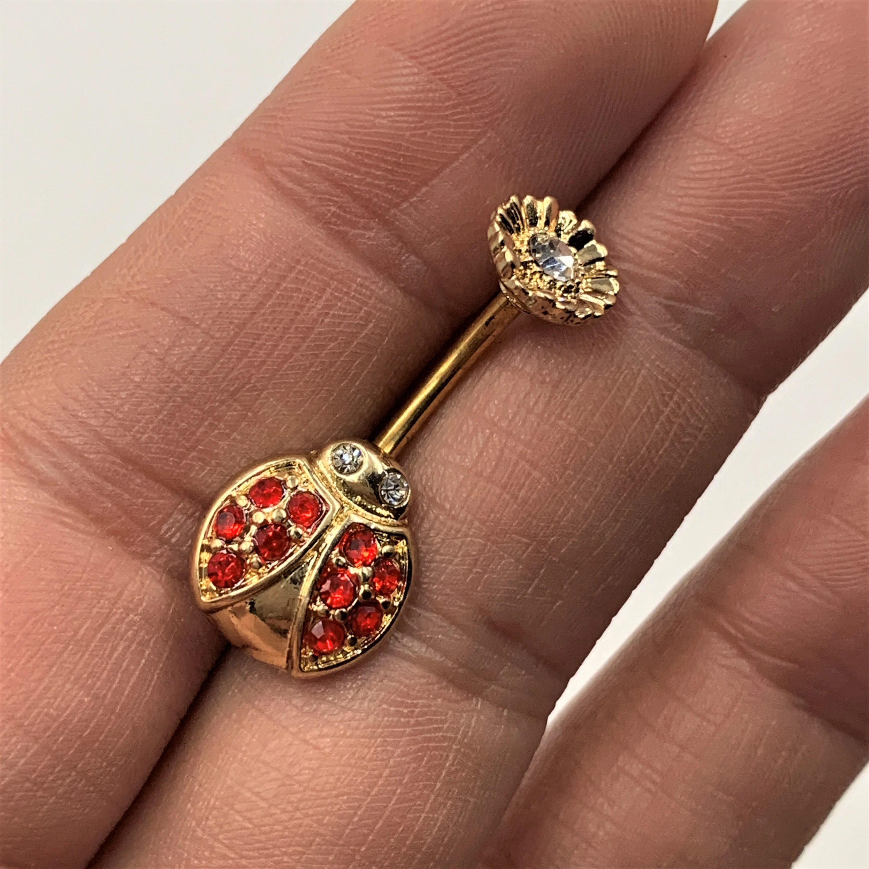Red Clear Gem Gold Tone Ladybug Flower Belly Ring - Image 3