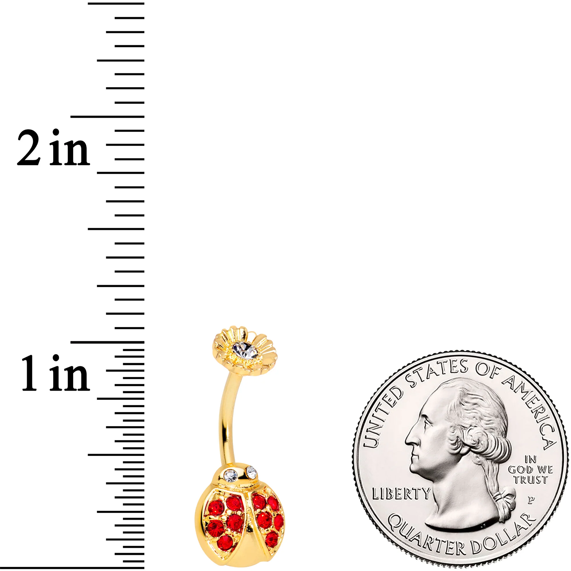 Red Clear Gem Gold Tone Ladybug Flower Belly Ring - Image 4