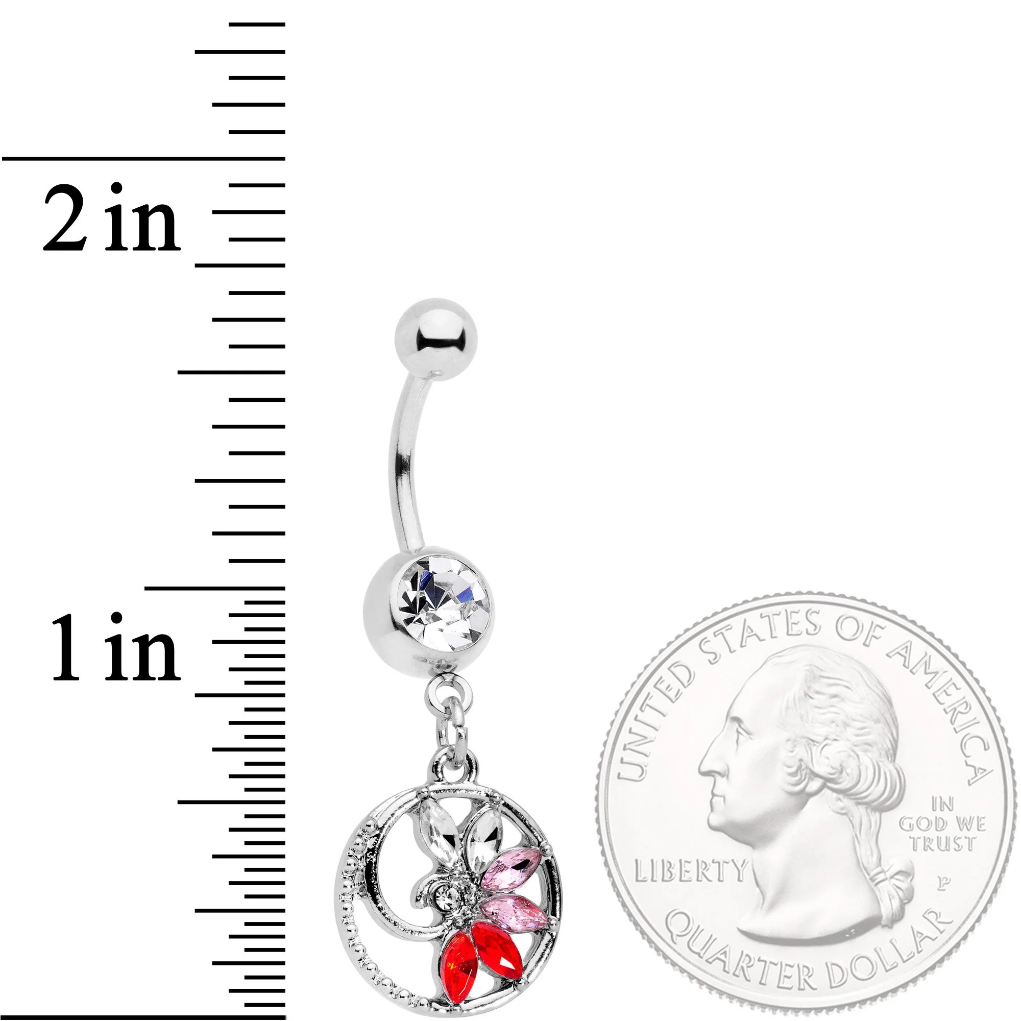 Red Clear Gem Tropical Flower Swirl Dangle Belly Ring - Image 2