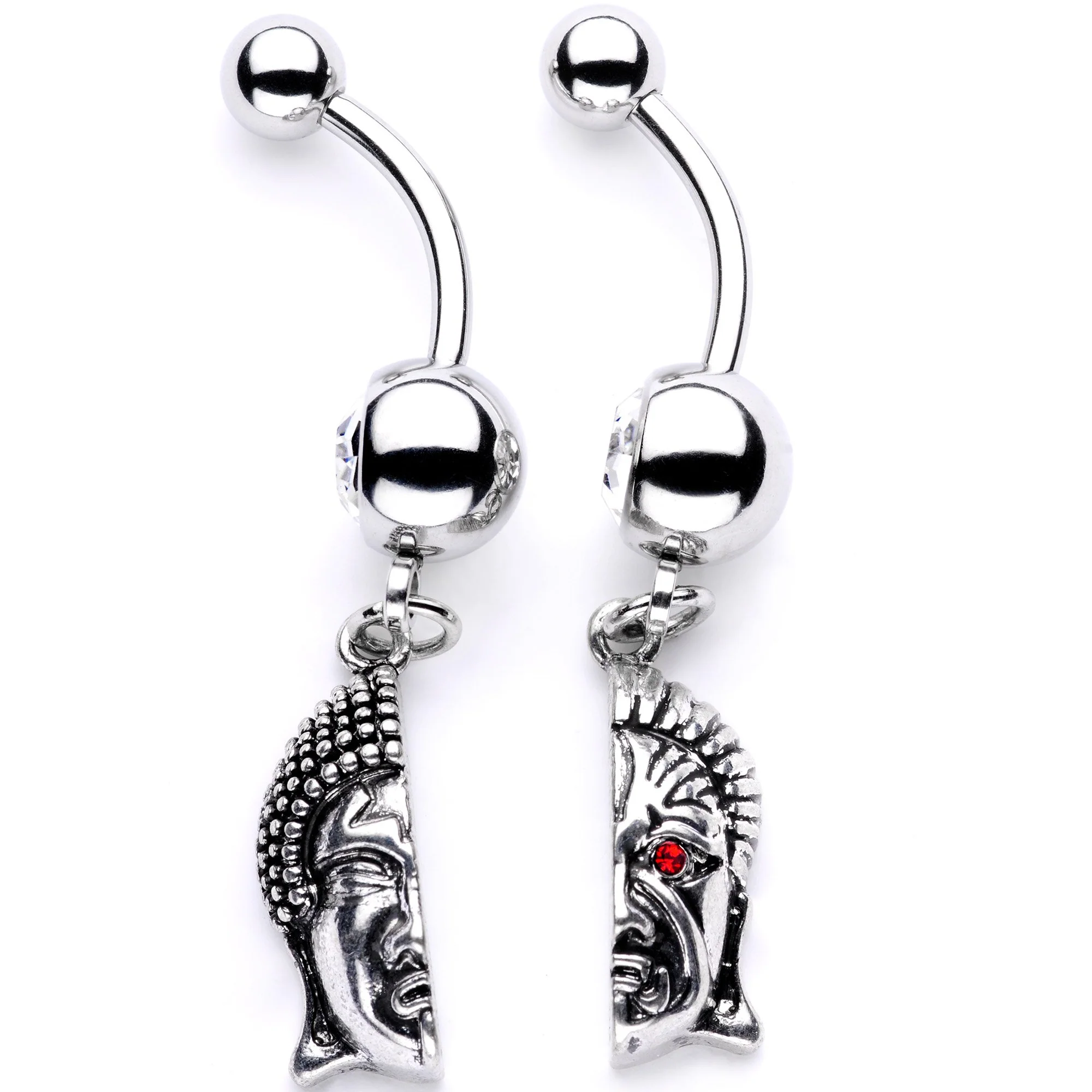 Red CZ Gem Android Buddha BFF Dangle Belly Ring Set of 2 - Image 2