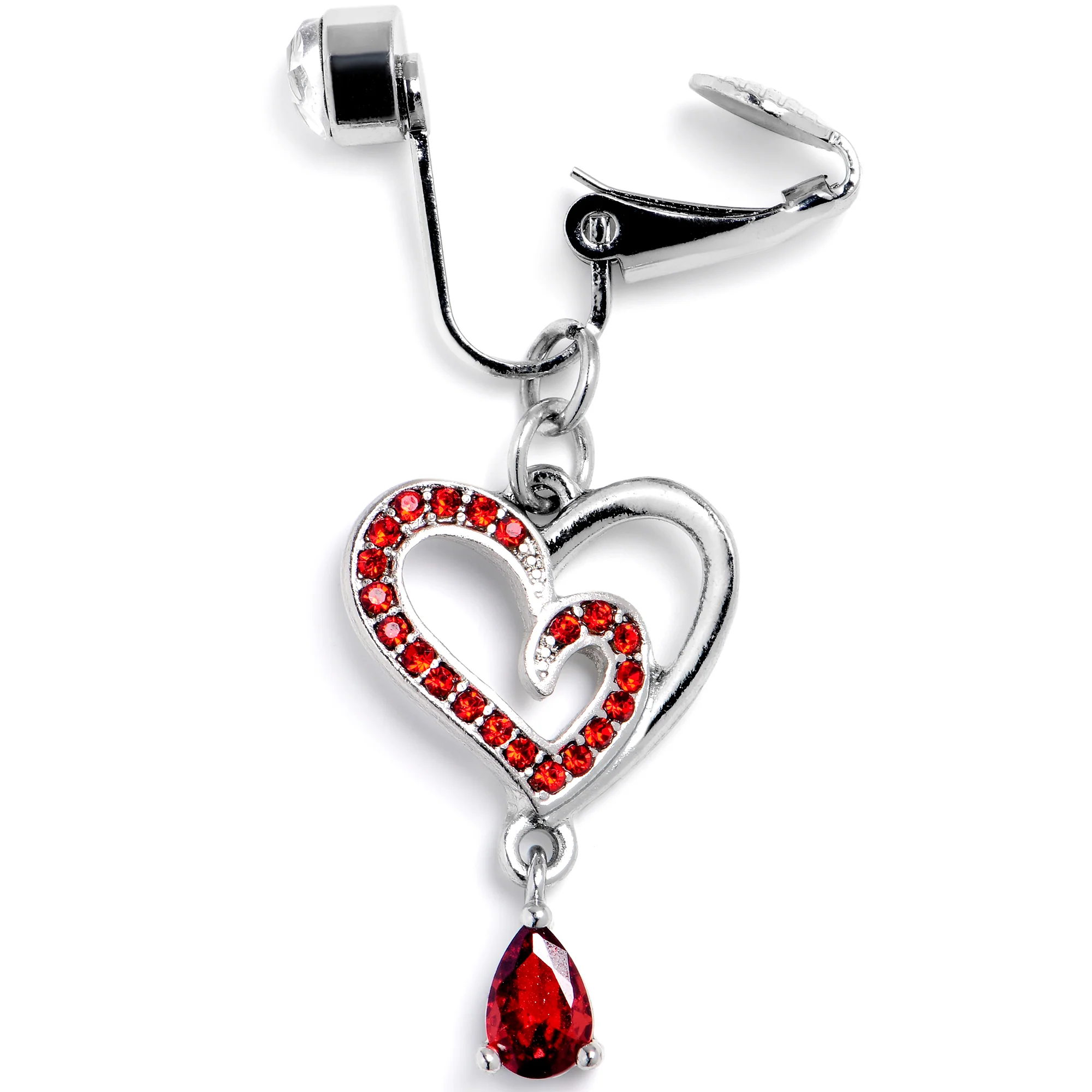 Red CZ Gem Asymmetrical Heart Dangle Clip On Fake Belly Ring - Image 2
