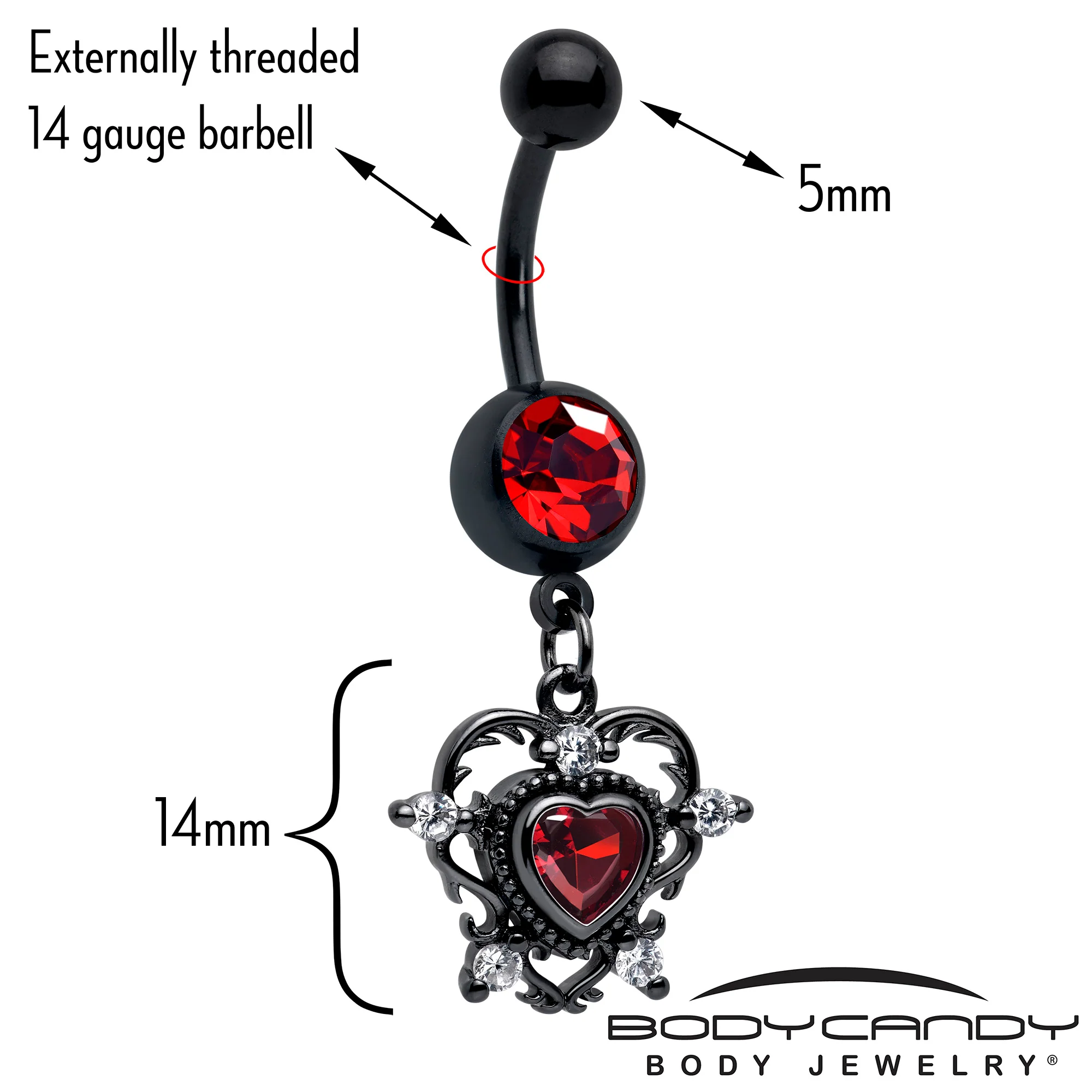 Red CZ Gem Black Double Heart Dangle Belly Ring - Image 2